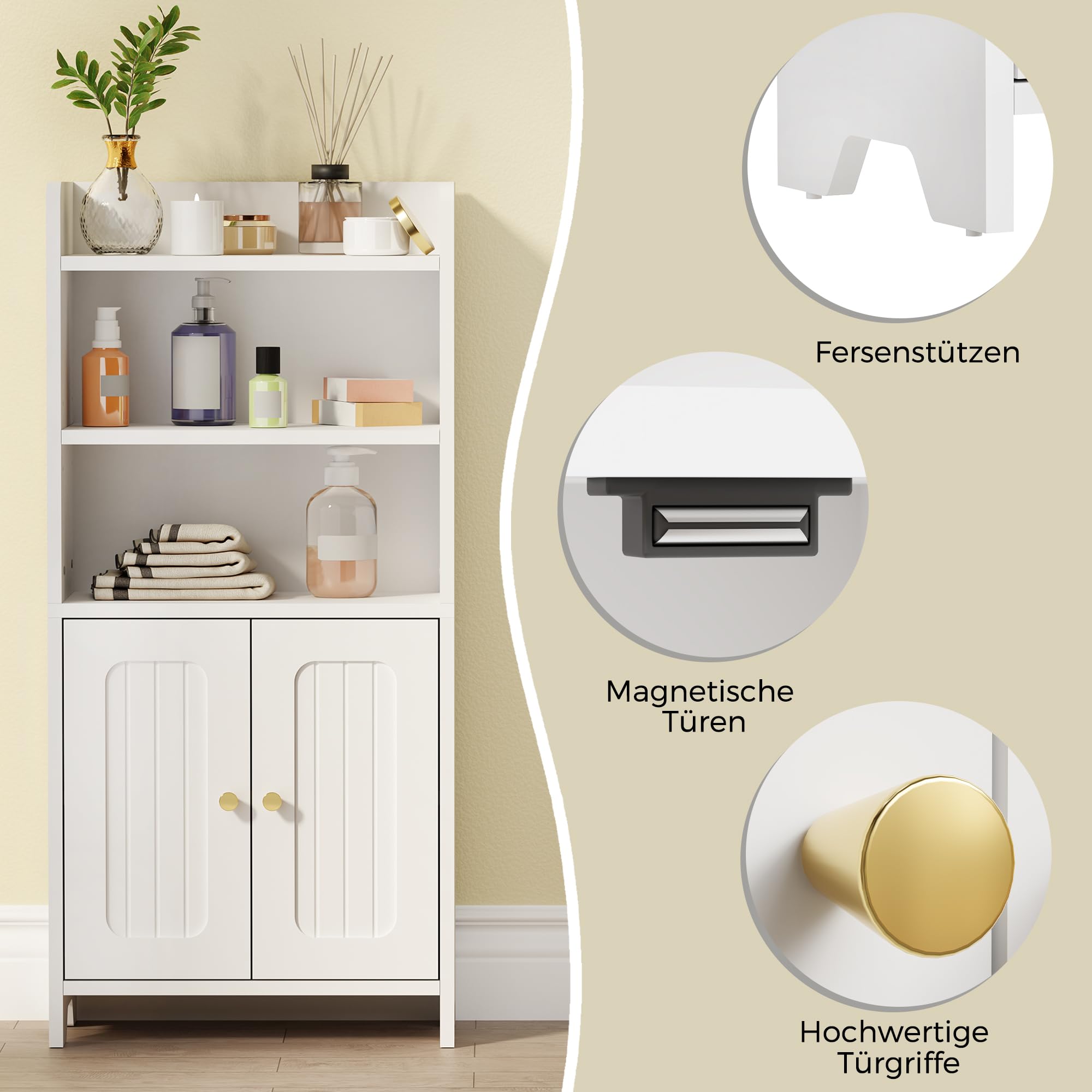 BEWISHOME Badezimmerschrank, Kleiner Standschrank, Toilettenpapierhalter mit 2 Türen und Einlegeböden, Badezimmer Schrank für kleine Räume, weiß, 20 x 37 x 80 cm, EYYG08W