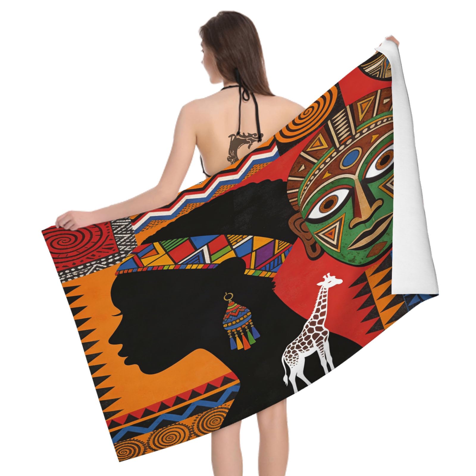 Leichong 3D African Style Beach Towel Large Microfiber Soft Quick Dry for Adults, African Mask Bath Towel Lightweight Soft Absorbent for Travel Swimming Pool Sports, 180 x 90 cm