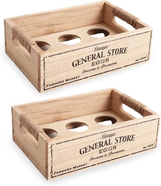 2 x Wooden Egg Holder | Egg Storage Tray Holds 6 Eggs | Country Style Kitchen Inspired | Wooden Vintage Rustic Looking Egg Container | Egg Holder for a Modern Kitchen | Gift Idea For Family & Friends