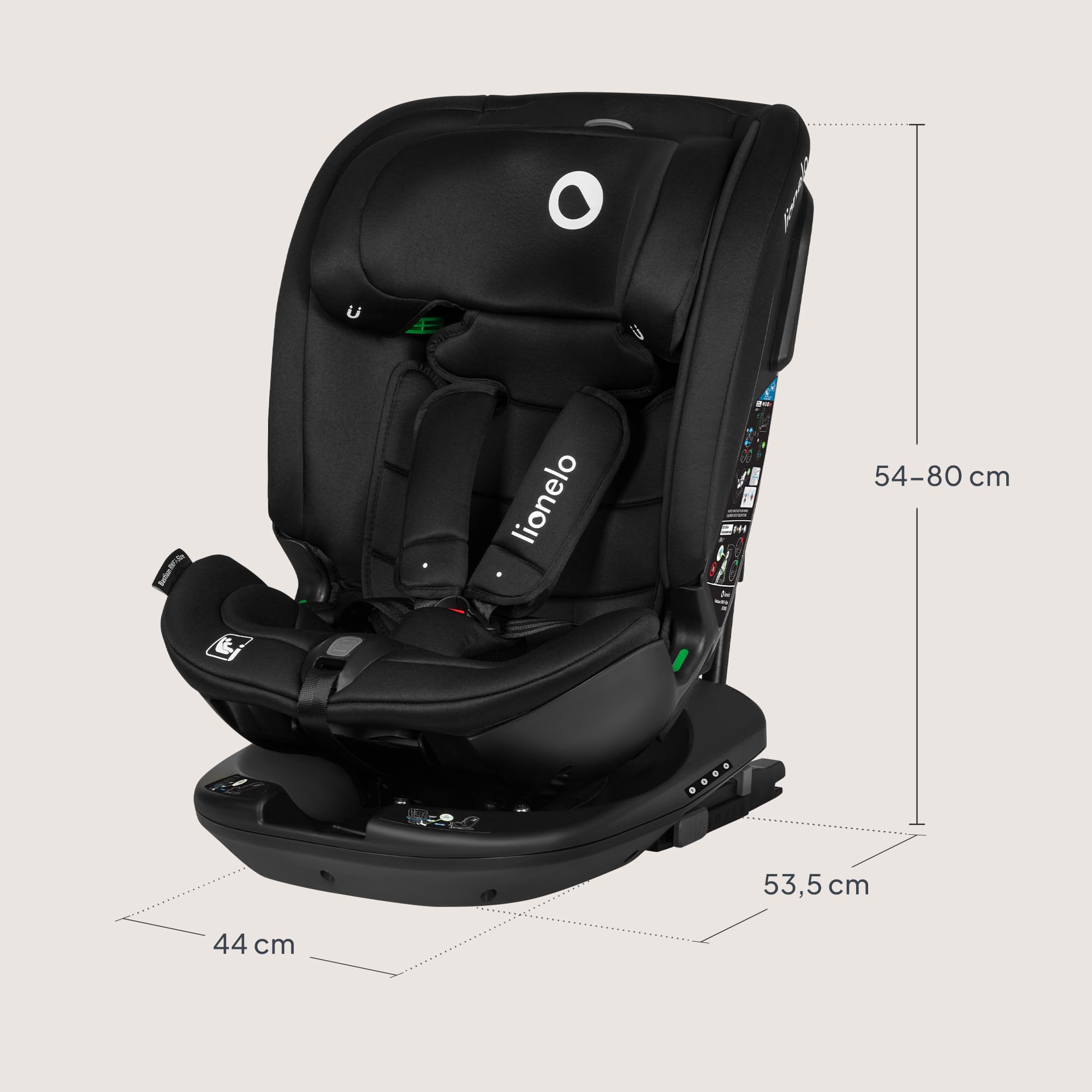 LIONELO Bastiaan RWF I-size Fotelik Samochodowy Obrotowy 360o dla Dzieci 0-36kg, Montaż Przodem i Tyłem (18 kg), ISOFIX Pas TopTether, Regulacja Zagłówka Pasów i Oparcia Ochrona Boczna Czarny