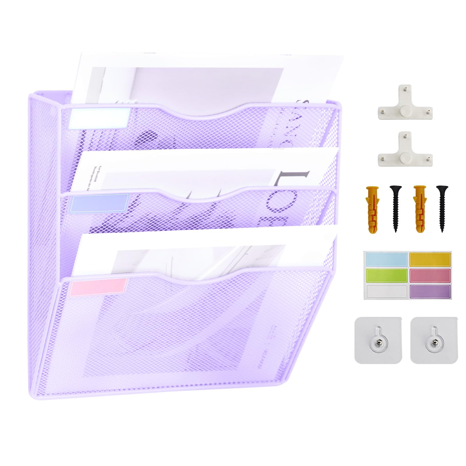 ideallife 3 Pockets Mesh Wall File Holder Organizer Office Hanging File Folder Magazine Rack, Nametag Label Hooks Set Included (Purple)