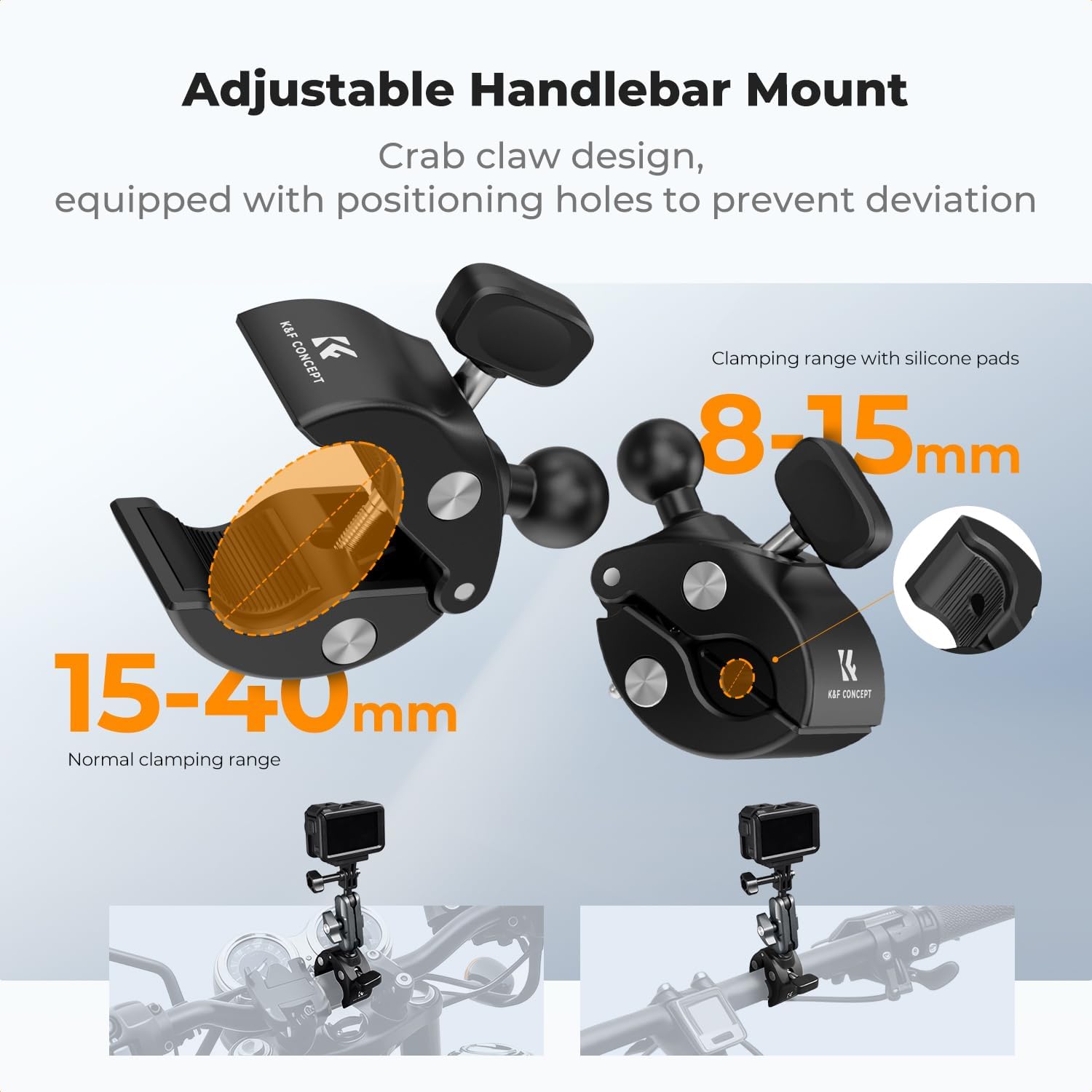 K&F CONCEPT Super Clamp Camera Mount with 360° Dual Ball Head, Bike/Motorcycle Handlebar Mount Compatible with DJI Action 6/5/4/3, Hero 13/12/11/10, 360 X5 X4