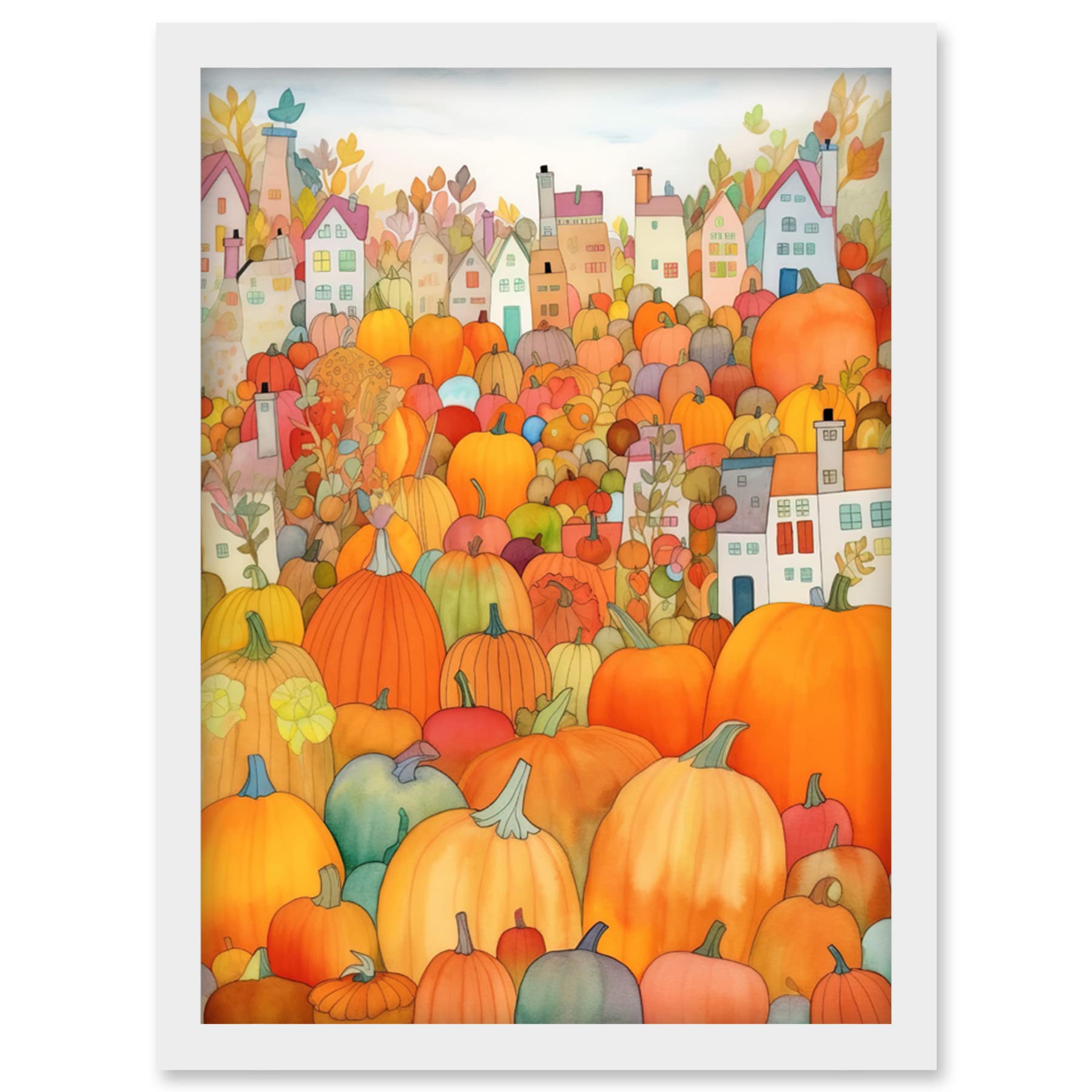 Artery8 Halloween Pumpkin Festival Autumn Harvest Modern Folk Art Watercolour Painting Artwork Framed Wall Art Print A4