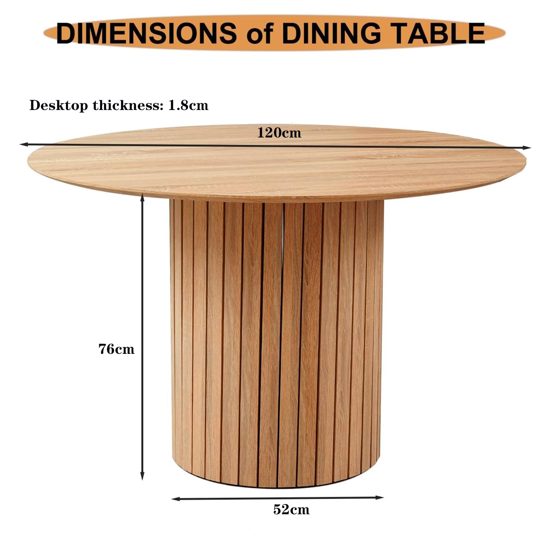Mesa de Comedor Redonda para 4-6 Personas, Mesa de Comedor de Granja con Base de Pedestal de Listones de Madera, Mesa de Cocina en MDF (Natural, 120 * 120 * 76cm)
