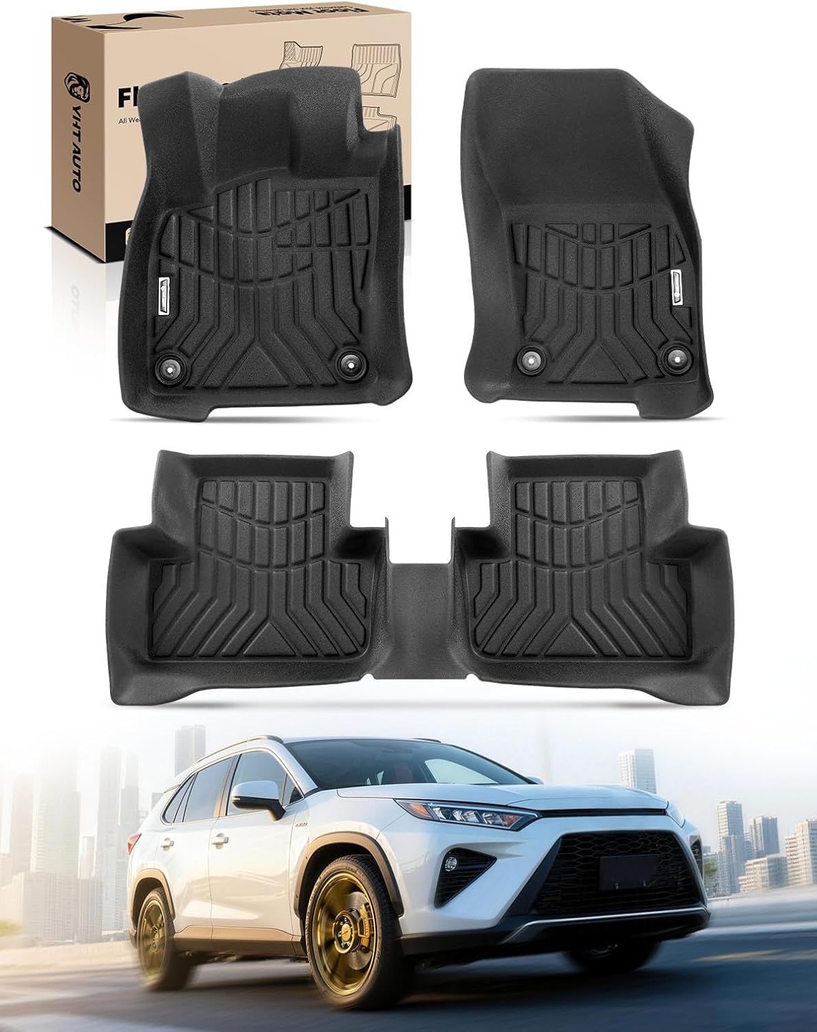 YHTAUTO Floor Mats Compatible with 2022-2026 Volkswagen Taos, TPE Floor Liners All-Weather Protection Custom Fit, 1st & 2nd Row, Set of 3 Black