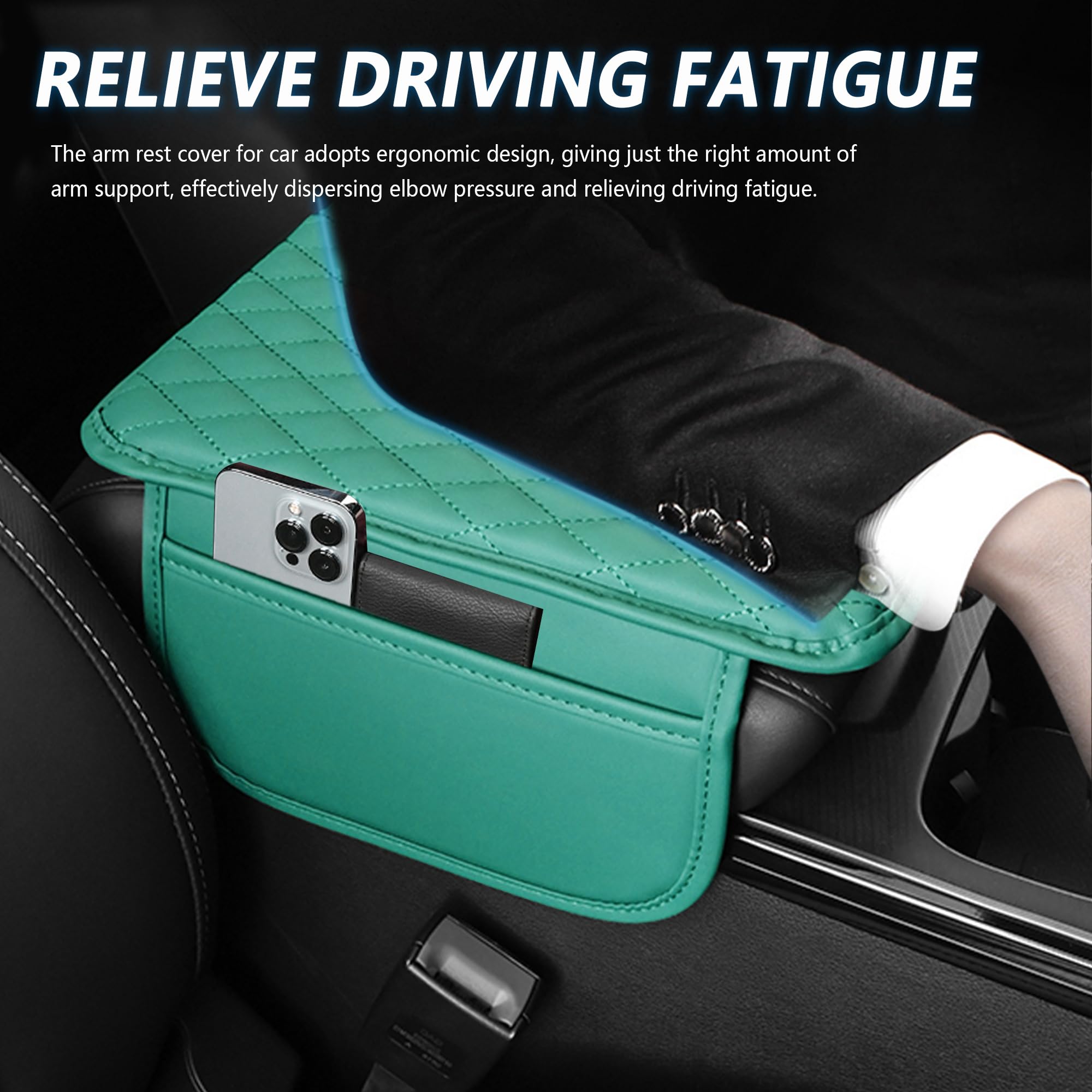 Stacool Upgraded Car Center Console Cover,Microfiber Leather Car Armrest Cover Cushion with 2 Storage Bags,Universal Car Armrest Storage Box (Turquoise) view 4