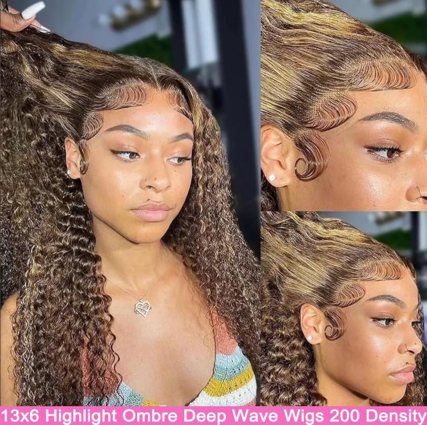 Image of 24 Inch Highlight Ombre Lace Front Wig Human Hair Deep Wave 13x6 HD Honey Blonde Lace Frontal Wigs P4 /27 Curly Human Hair Wig Glueless Wigs Human Hair