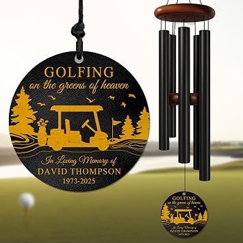 Personalized Golf Memorial Wind Chime Golfing on The Greens of Heaven Custom Name & Years Sympathy Gift for Loss of Loved One Remembrance Windchime Tribute for Golfers & Bereavement Decor