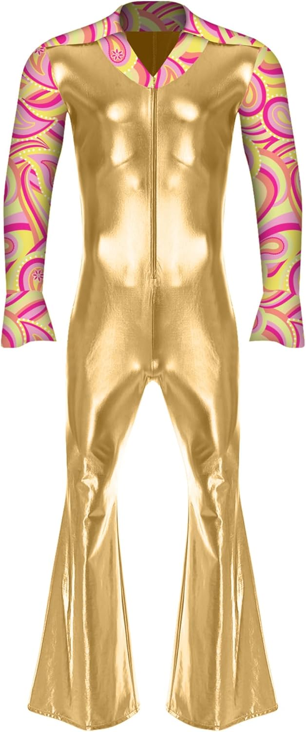 YiZYiF Men's 70s Disco Costume Shiny Metallic Unitard Zentai Zipper Bodysuit Bell Bottom Jumpsuits