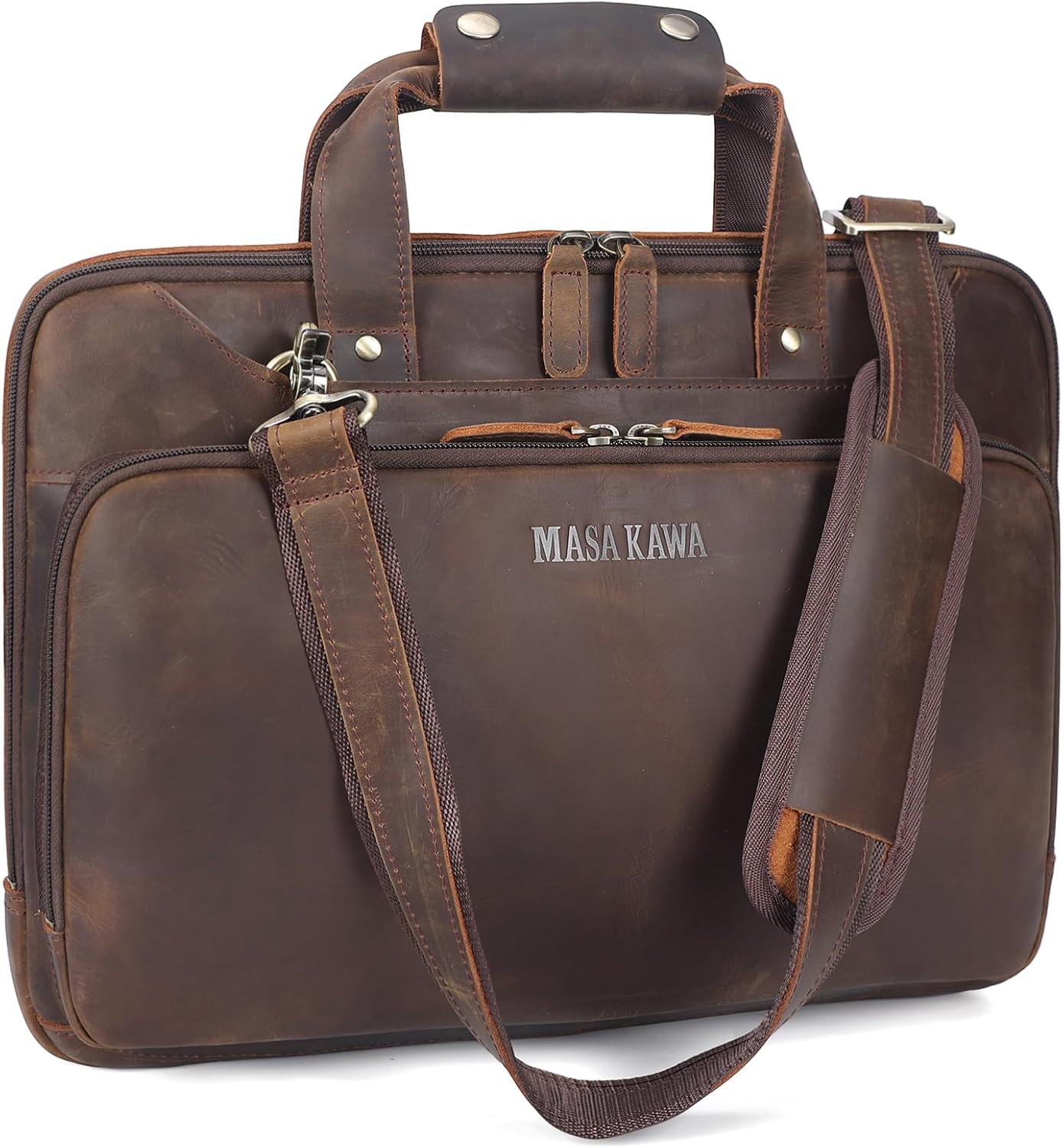 Masa Kawa Leather Laptop Briefcase for Men Fits 15.6" 16" Computer Slim Crossbody Shoulder Messenger Bag Attache Case for Business Work, Vintage Brown