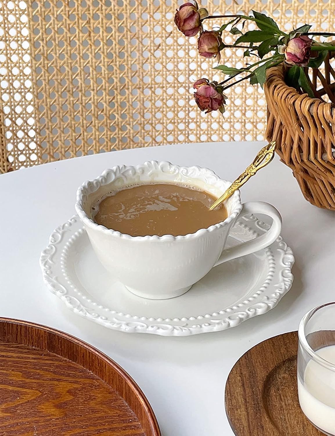 Coffee Cups Saucer Sets Embossed Ceramic Vintage Latte Mug With Spoon,White Porcelain Elegant Tea Cup,for Milk Black Tea
