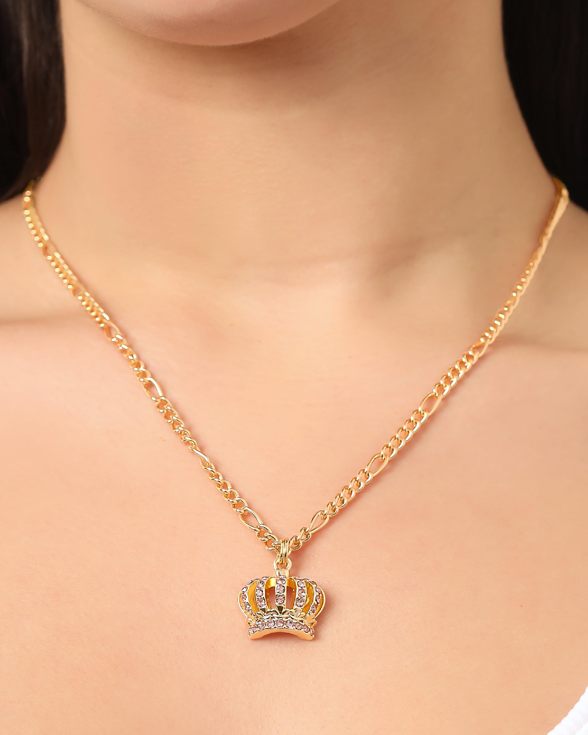 Juicy Couture Necklace and Crown Stud Earrings for Women with Pink Crystals, Gold Tone Jewelry Set