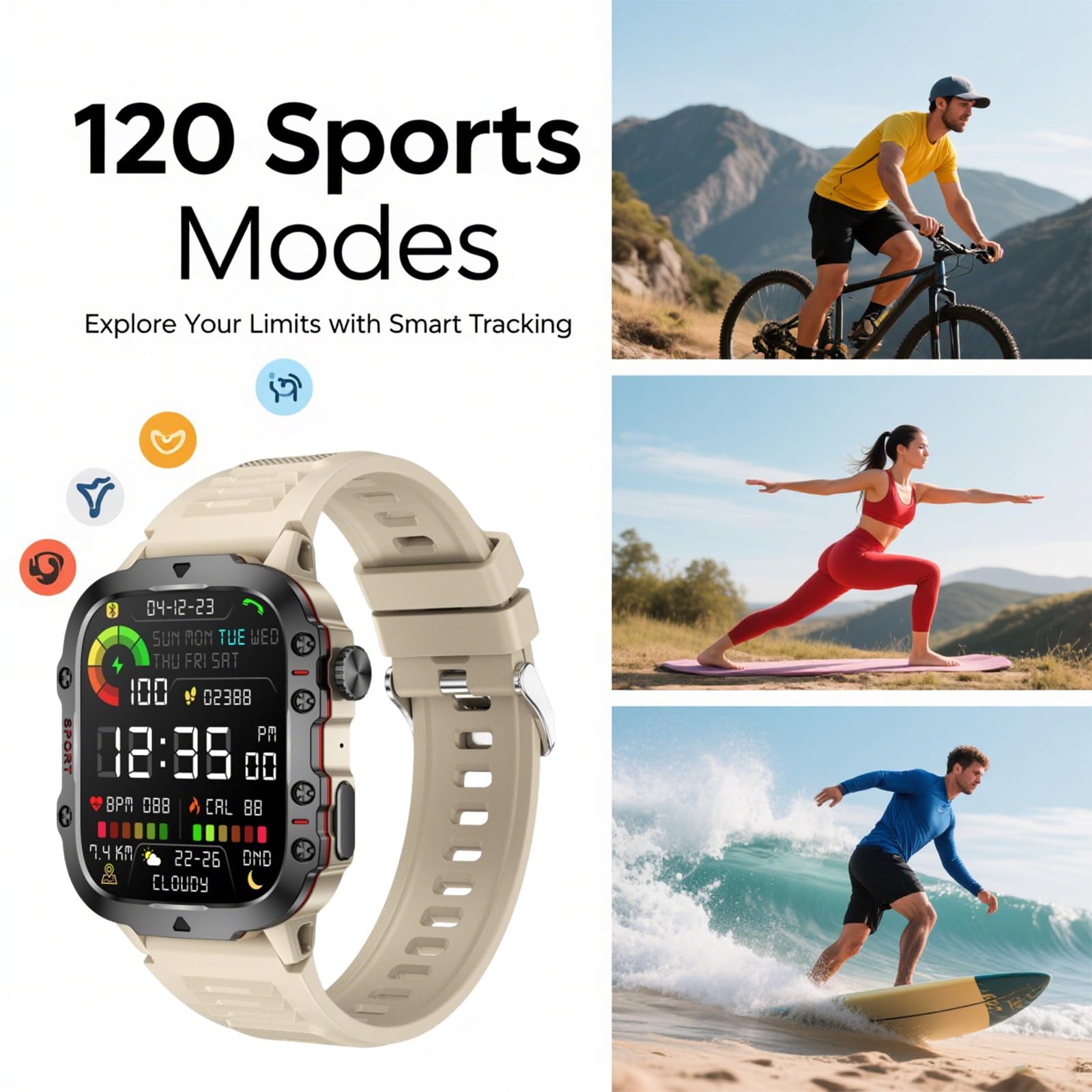 2 szt. inteligentny 2,58" HD Touch Smartwatch dla mężczyzn i kobiet, wodoodporny do sportów na świeżym powietrzu ze 100 trybami sportowymi monitor tętna,Beige
