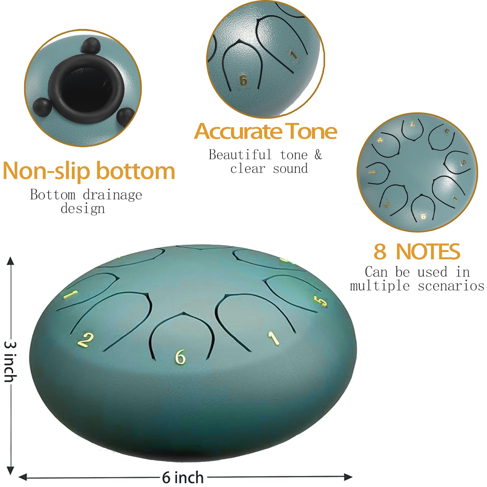 Steel Tongue Drum, 6 Zoll 8-Note Chakra Meditationstrommel Grün mit Schlägeln, Tasche und Notenbuch