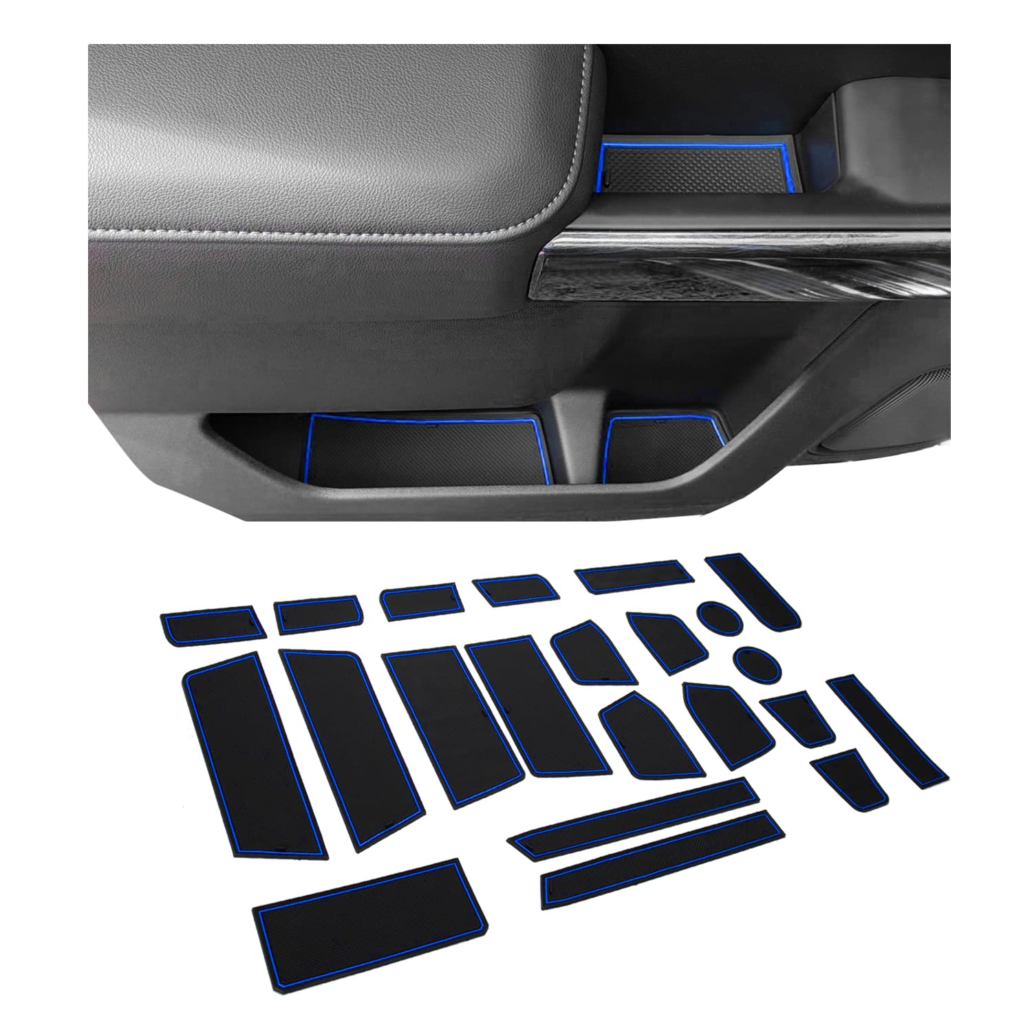 JKCOVER Center Console Liner Compatible with (2019-2021) Chevy Silverado/GMC Sierra 1500 and 2020-2021 Silverado/Sierra 2500/3500 HD Door Cup Holder Accessories (Crew Cab with Bucket Seat) Blue Trim