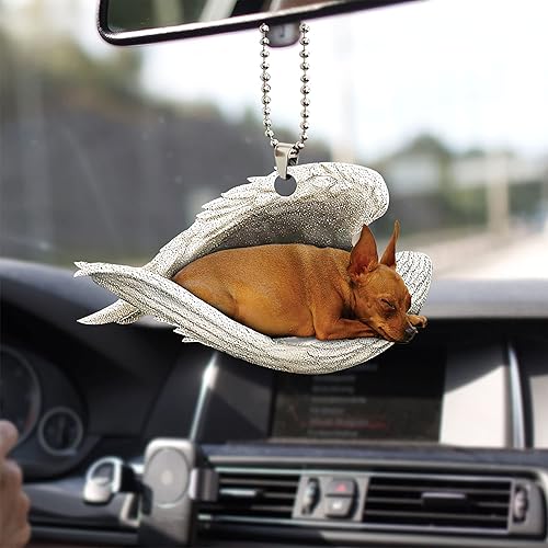 Talataca Pinscher miniatura marrón Ángel durmiente animal mascota perro granja 2D coche plano espejo retrovisor accesorios árbol de Navidad adorno