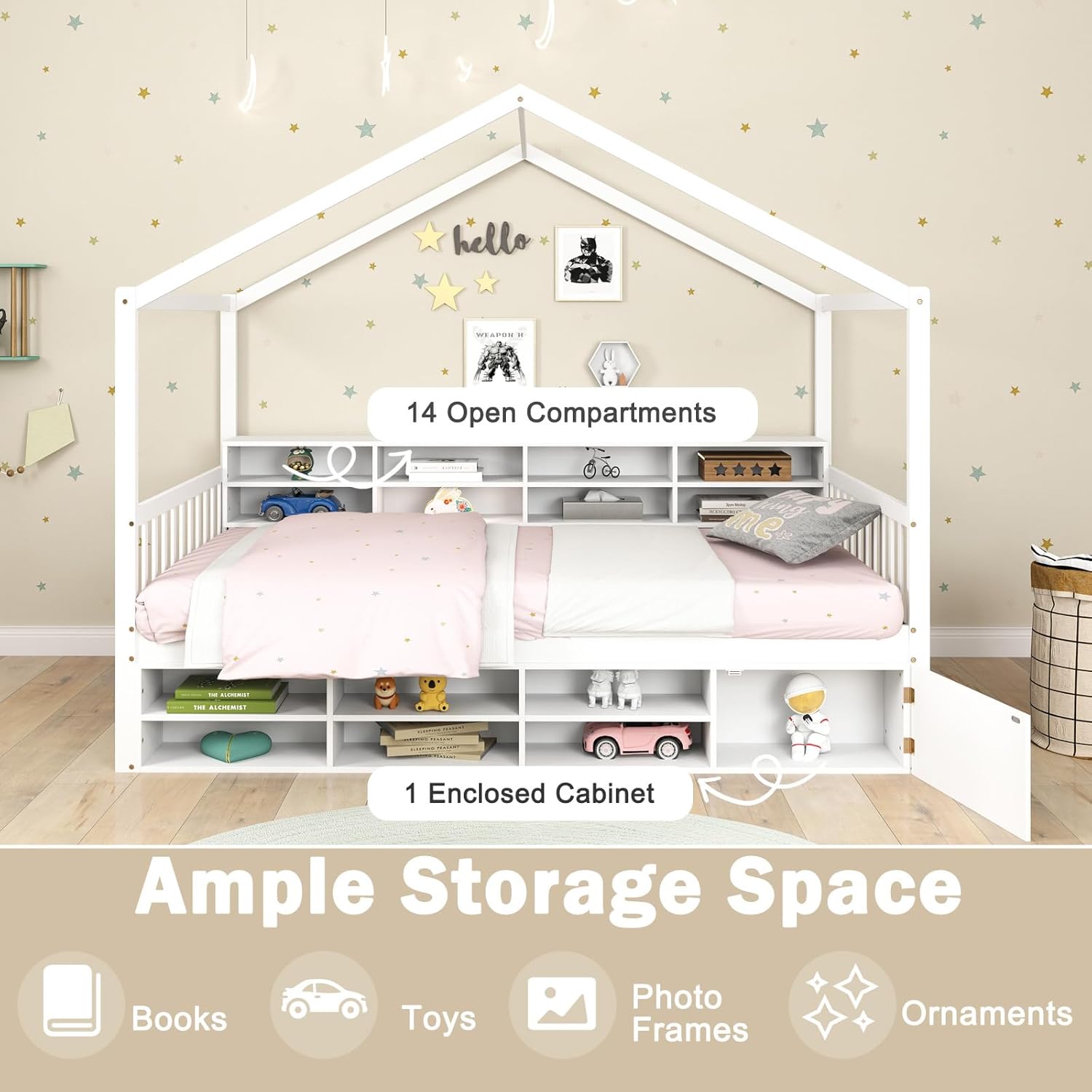 KOMFOTT Twin Size Wood House Bed with Storage Shelves, Wooden Platform Bed Frame with Storage Cabinet, Headboard & Footboard, House Bed with Wood Slats Support, No Box Spring Needed (White)