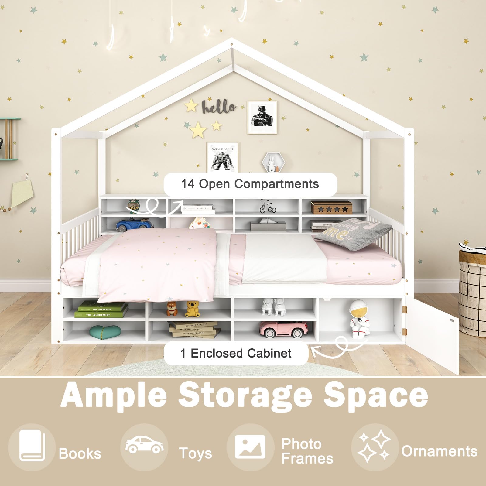 Giantex Canbana-Bett für Kinder, 115 x 200 cm, Bodenbett aus Holz mit Barriere, 14 Aufbewahrungswürfel, Schrank, 10 Latten, Design in Hausform, Belastung 200 kg, Montessori-Bett für Mädchen, Jungen,