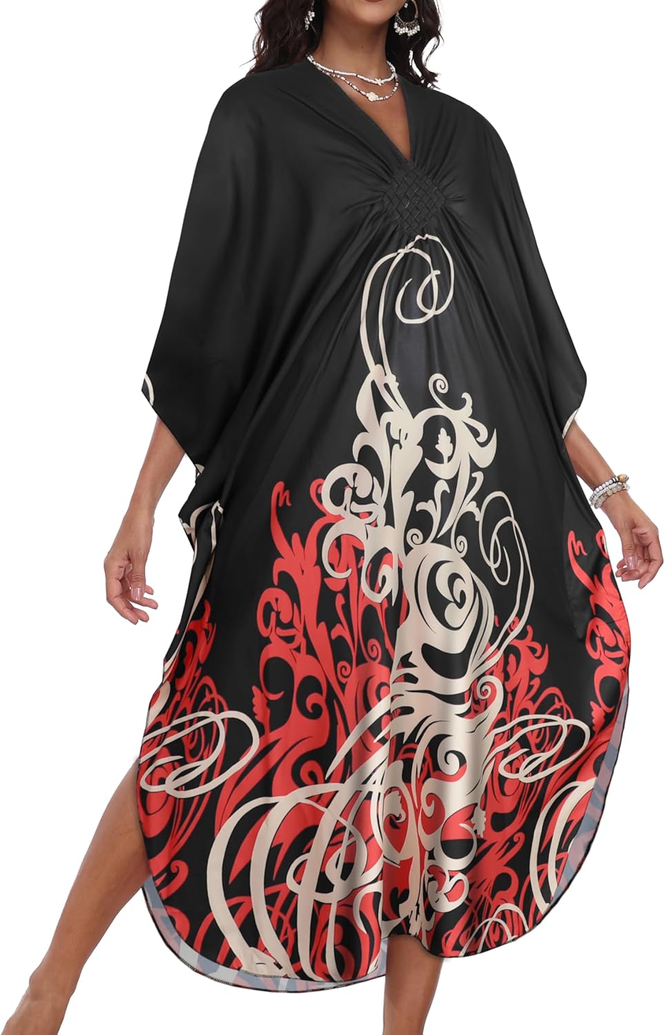 CHICGAL Womens Kaftan Dresses Long Caftans Plus Size Batwing Sleeve Swimsuit Coverup V Neck Summer Beach Dress