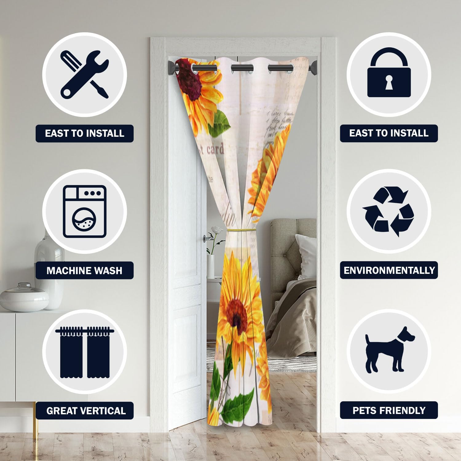 Sunflower Door Curtains for Doorways, Summer Rustic Yellow Flower Vintage Nature Blackout Curtain for Kids Bedroom Closet, Grommet Thermal Insulated Privacy Door Drapes for Room Divider, 34"W x 80"L