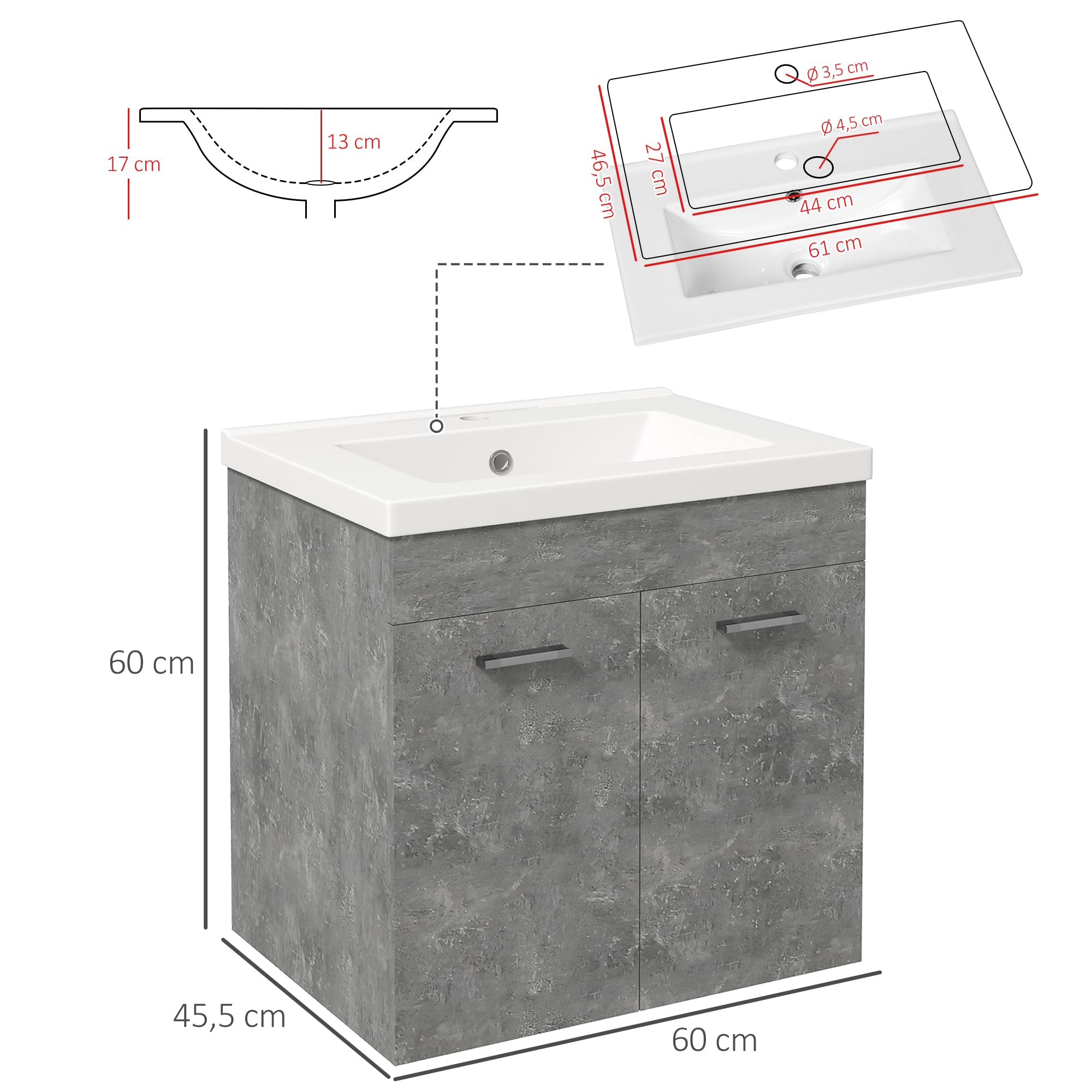 kleankin Mueble de Baño con Lavabo Cerámico de Pared 60x45,5x60 cm Gris | Armario Bajo de Lavabo, 2 Puertas, Estante Ajustable, Acabado Melamina
