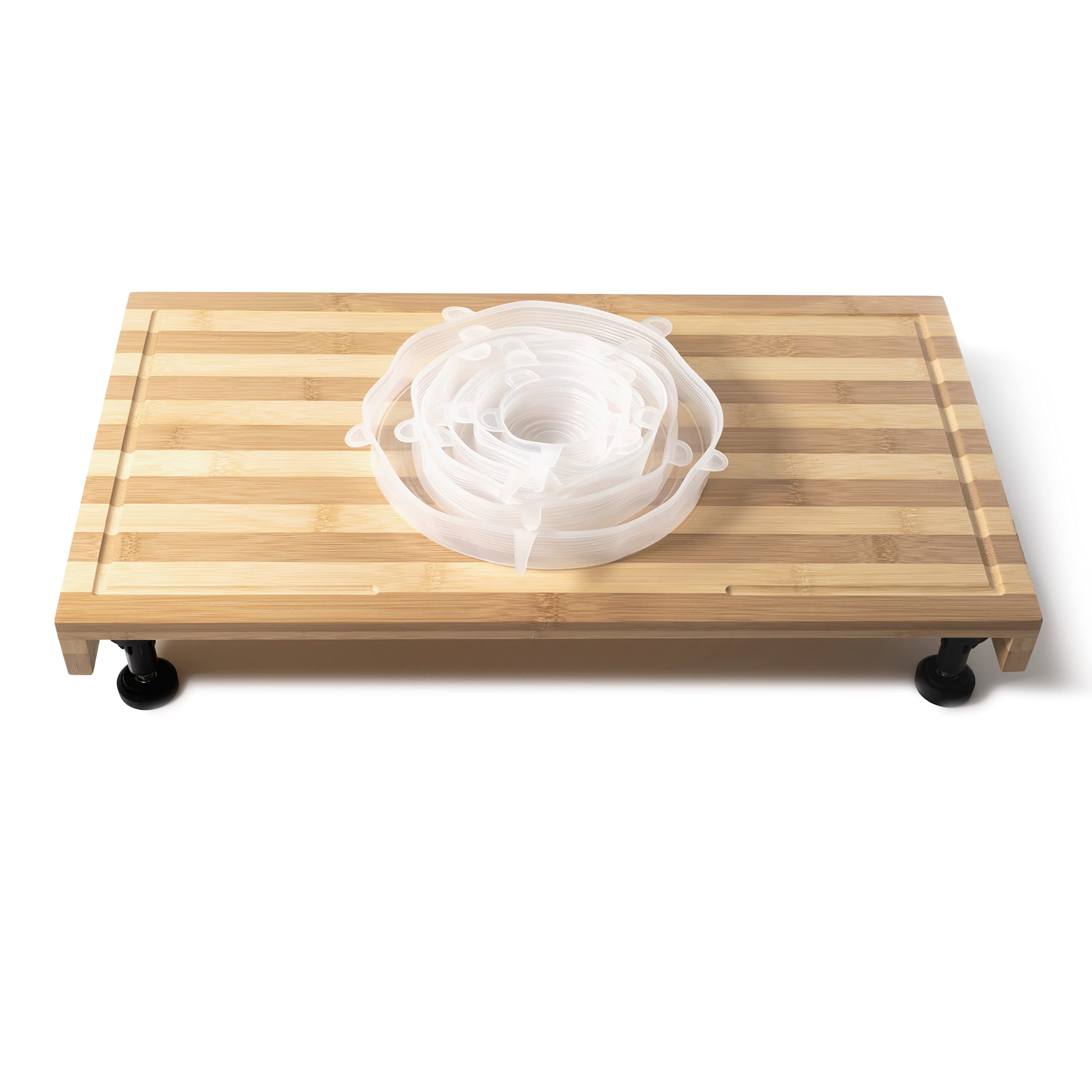 Ceaz Tabla de cortar de bambú con patas ajustables, bloque de carnicero de corte de madera y cubierta de estufa para cocina y caravana, completa con cubiertas de silicona para alimentos