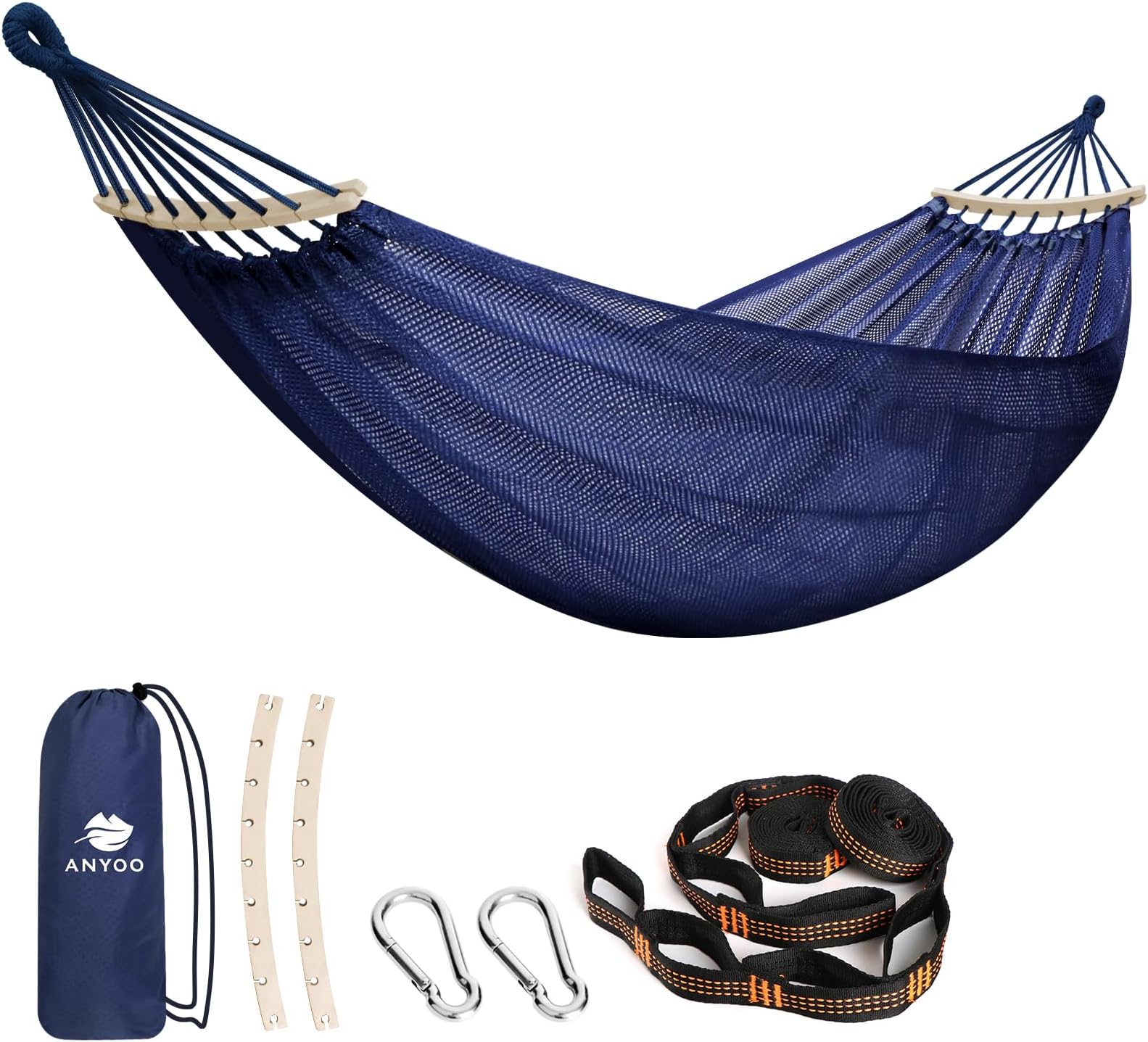 Anyoo Large Mesh Hammock with Spreader Bars, 320 x 150 cm, Breathable Cool Net Hammock with Tree Straps Kits for Outdoor/Indoor Garden Balcony Backyard Patio