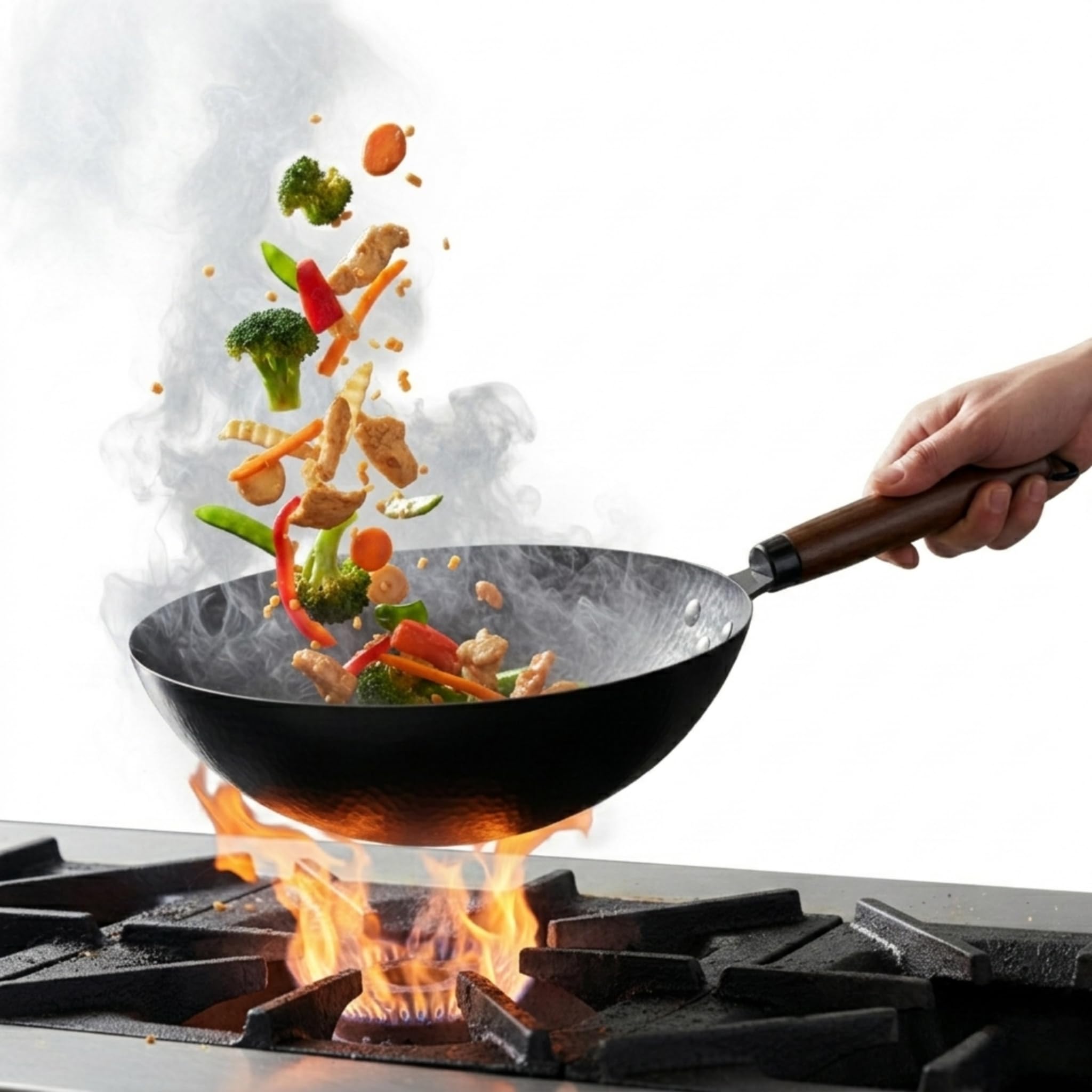 TRILONIUM Wok chino de acero al carbono, 26 cm, capacidad 2,75 litros, martillado y presazonado