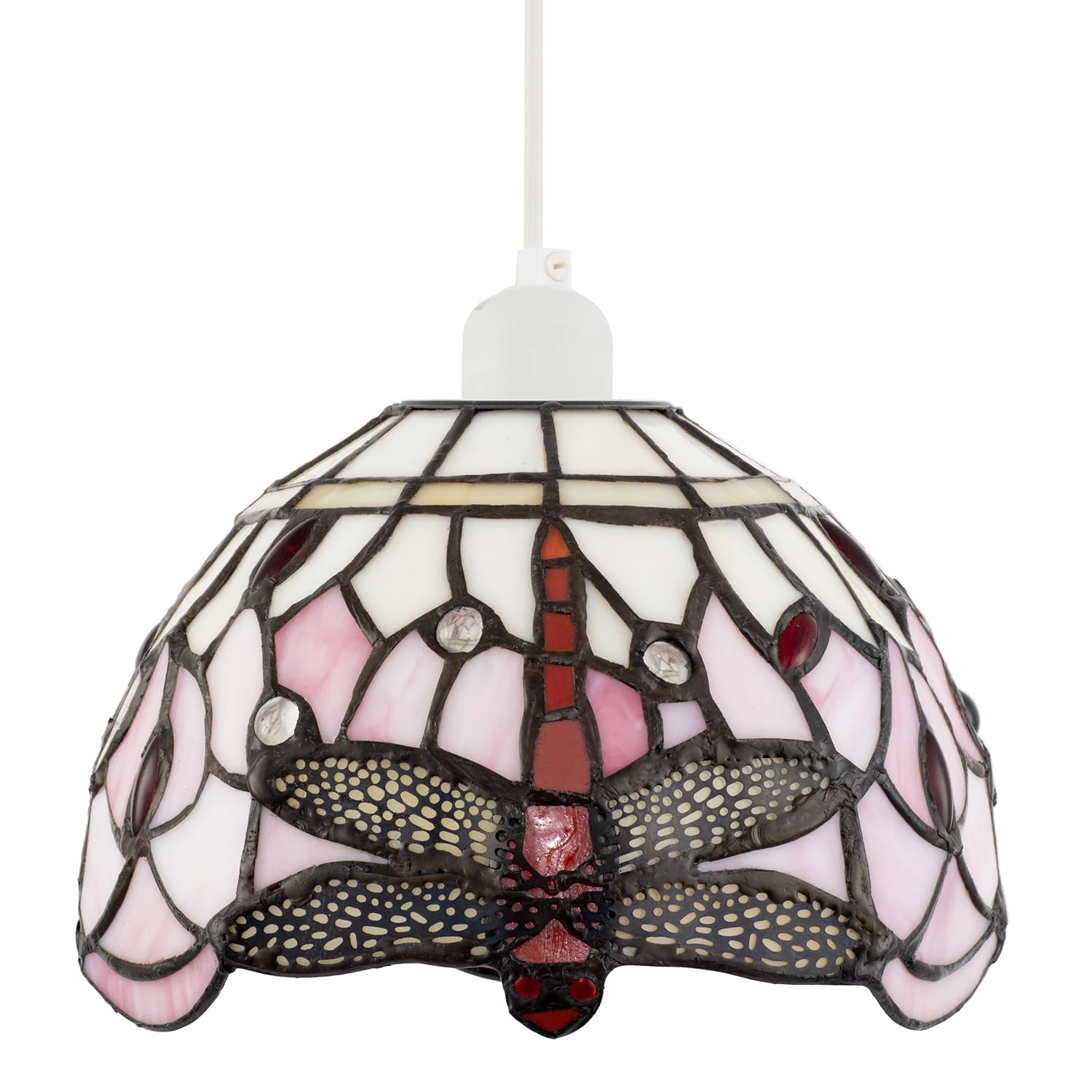 Happy Homewares Pink Traditional Pale And White Stained Glass Dragonfly Tiffany Pendant Lighting Shade | 20Cm X 14Cm | 40W Maximum By