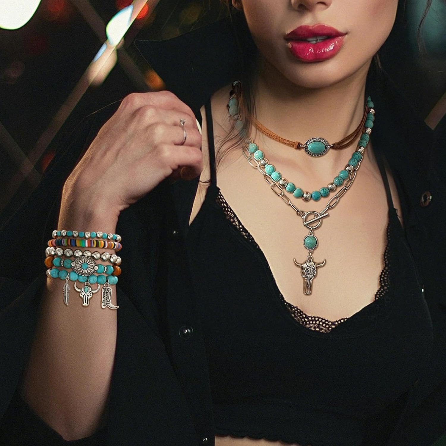 2 Pcs Multi-Layered Western Necklaces Bracelets Jewelry for Women Turquoise Beaded Concho Choker Ox-Head Pendant Necklace Stacked Cowgirl Bracelets Cowboy Chic Country Concert Outfits
