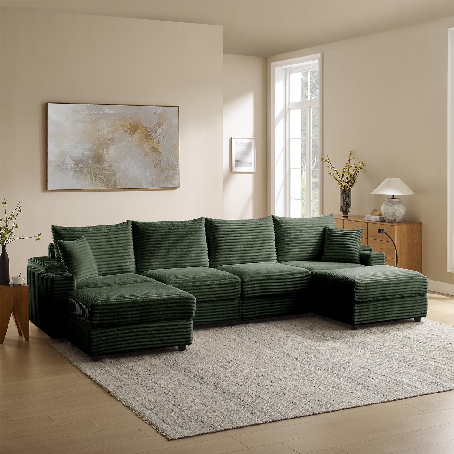 133.8" Modular Sectional Sofa, L-Shaped Couches for Living Room, Comfy Cloud Couch with Ottoman, Convertible 6 Seats Deep Seat Sofas, Green Corduroy