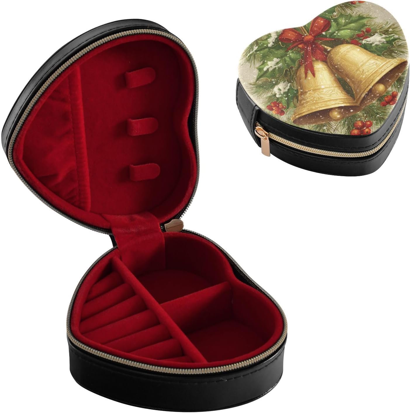 OTVEE Retro Golden Bells Heart-Shaped Jewelry Travel Case – Compact PU Leather Organizer with 6 Ring Slots, 3 Necklace Hooks & Drawstring Pouch, Portable Storage Box for Earrings, Ideal Gift for Her image 2