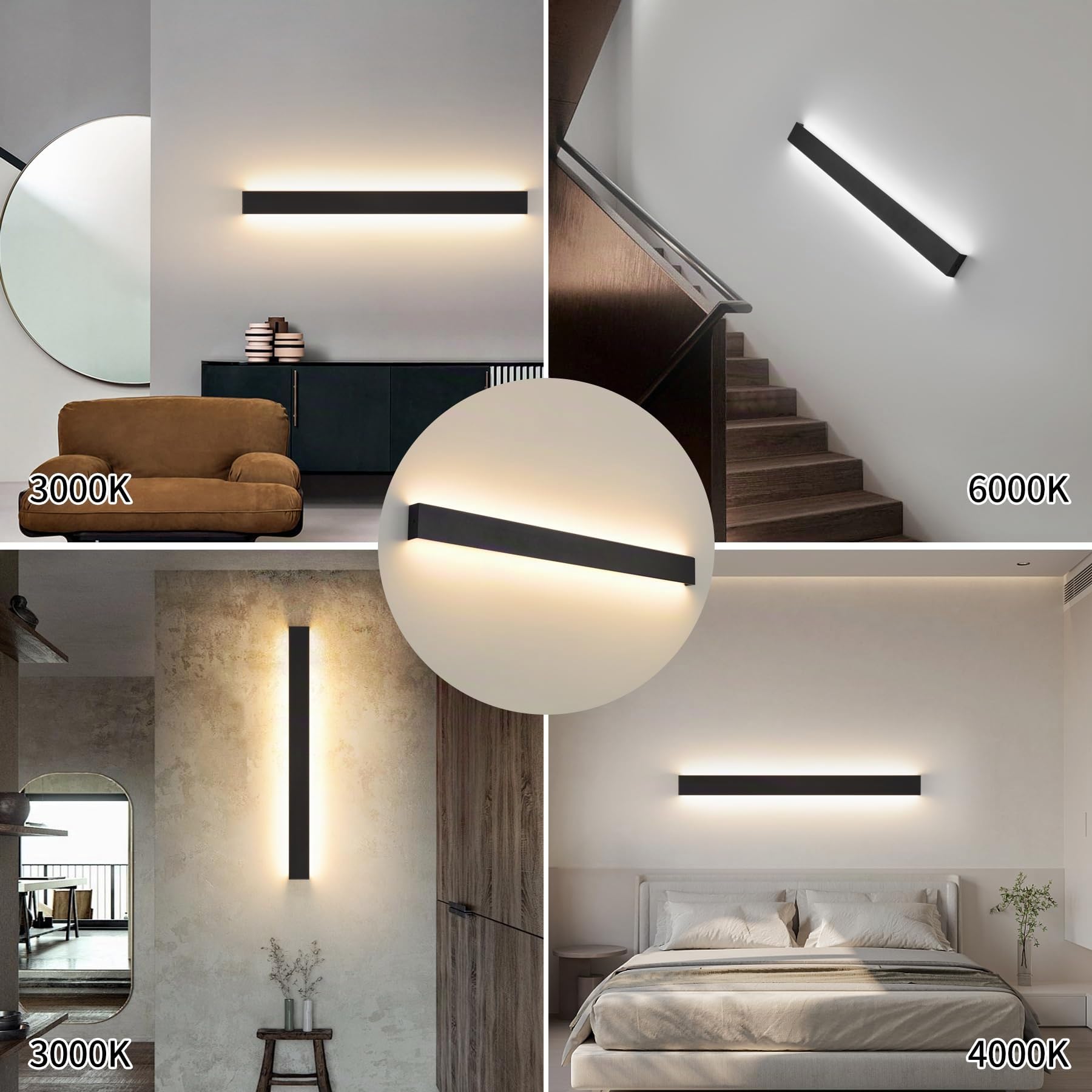 KUKAK Applique da Parete Interno,30W LED 3000K/4000K/6000K Lampada da Parete,Moderno Up Down Lampade Muro, Plafoniera da Parete Alluminio per Bagno Soggiorno Camera da Letto Scale Corridoio 96CM Nero