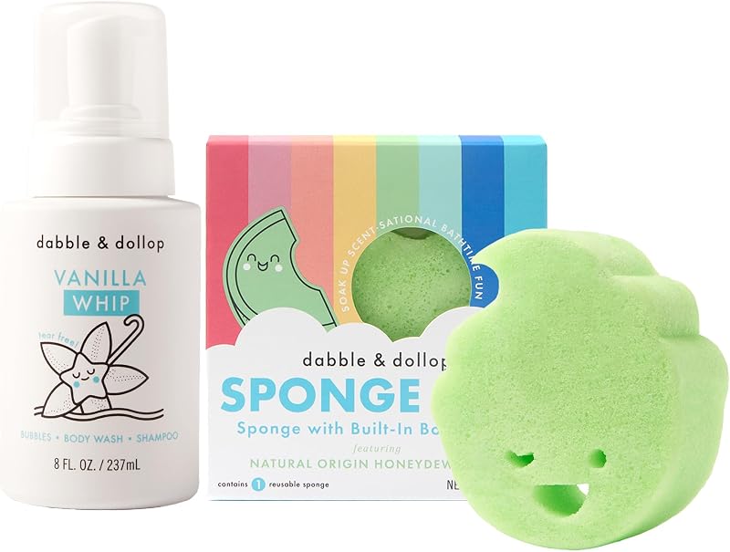 Dabble & Dollop Sponge Pop™ Esponja de banho infantil com sabonete líquido de melão honeydew e frasco de Vanilla Whip 3 em 1 com espuma para shampoo, sabonete corporal e banho de espuma