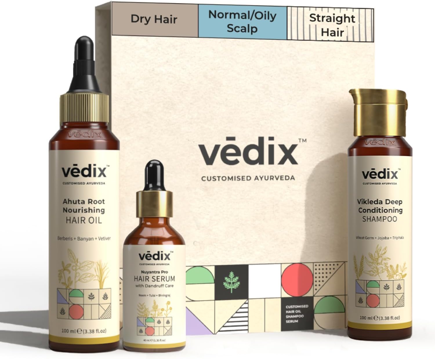 Customized Dandruff Hair Fall Control Regimen For Dry - Normal/Oily Scalp & Straight Hair, 3 Product Ayurvedic Care Kit With Oil, Shampoo, Growth Serum