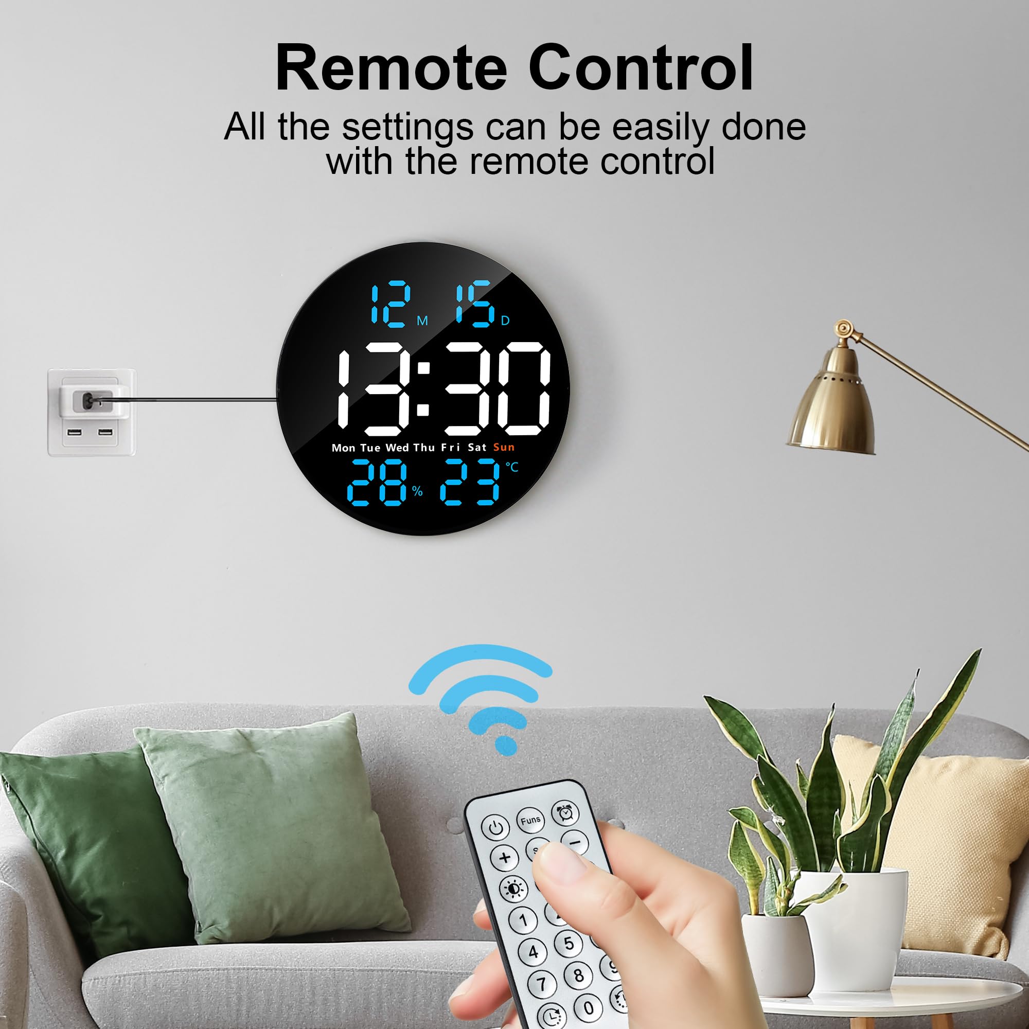 Lafocuse Reloj de Pared Digital con Grande Pantalla LED 25CM, Silencioso Relojes con Control Remoto, Temperatura, Fecha, 2 Alarmas, Cuenta Atrás, Brillo Ajustable para Salon Cocina Oficina, Azul