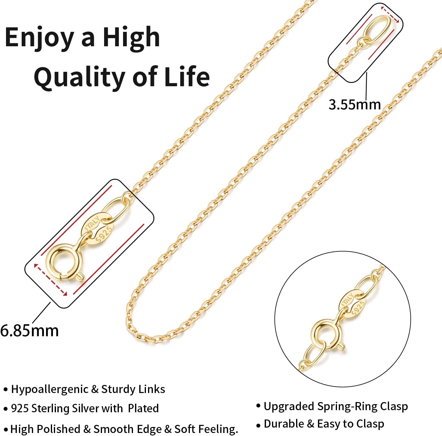Jewlpire 18k Gold Plated 925 Sterling Silver Chain Necklace for Women, 1.3mm Cable Chain Necklace Super Sturdy & Durable Women's Chains Necklaces 14/16/17/18/20/22/24 Inches - Image 3