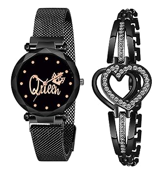 KIARVI GALLERY Casual Analogue Queen Dial Magnet Strap Analog Watch and Duel Heart Designer Bracelet Combo for Girls and Women(Combo of 2)