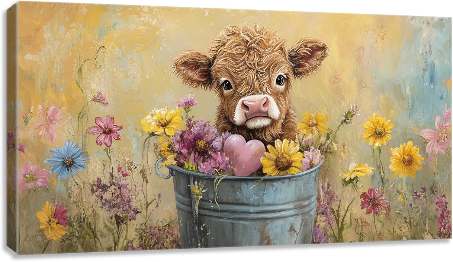 Farmhouse Highland Cow Wall Art Cute Animal Cattle Wall Decor Canvas Prints Picture Painting Colorful Flowers Wall Decor Artwork for Kitchen Bathroom Living Room Bedroom Home Decoration - 20"x40"