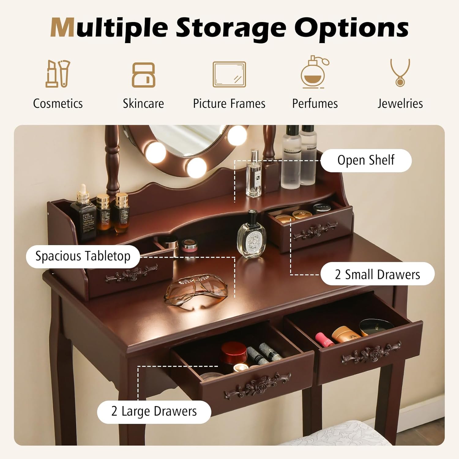 GOFLAME Vanity Table Set with Lighted Rotatable Mirror, Dressing Table with 3-Color Lights & Adjustable Brightness, Makeup Desk with Cushioned Stool for Dressing Room, Bedroom (Brown)