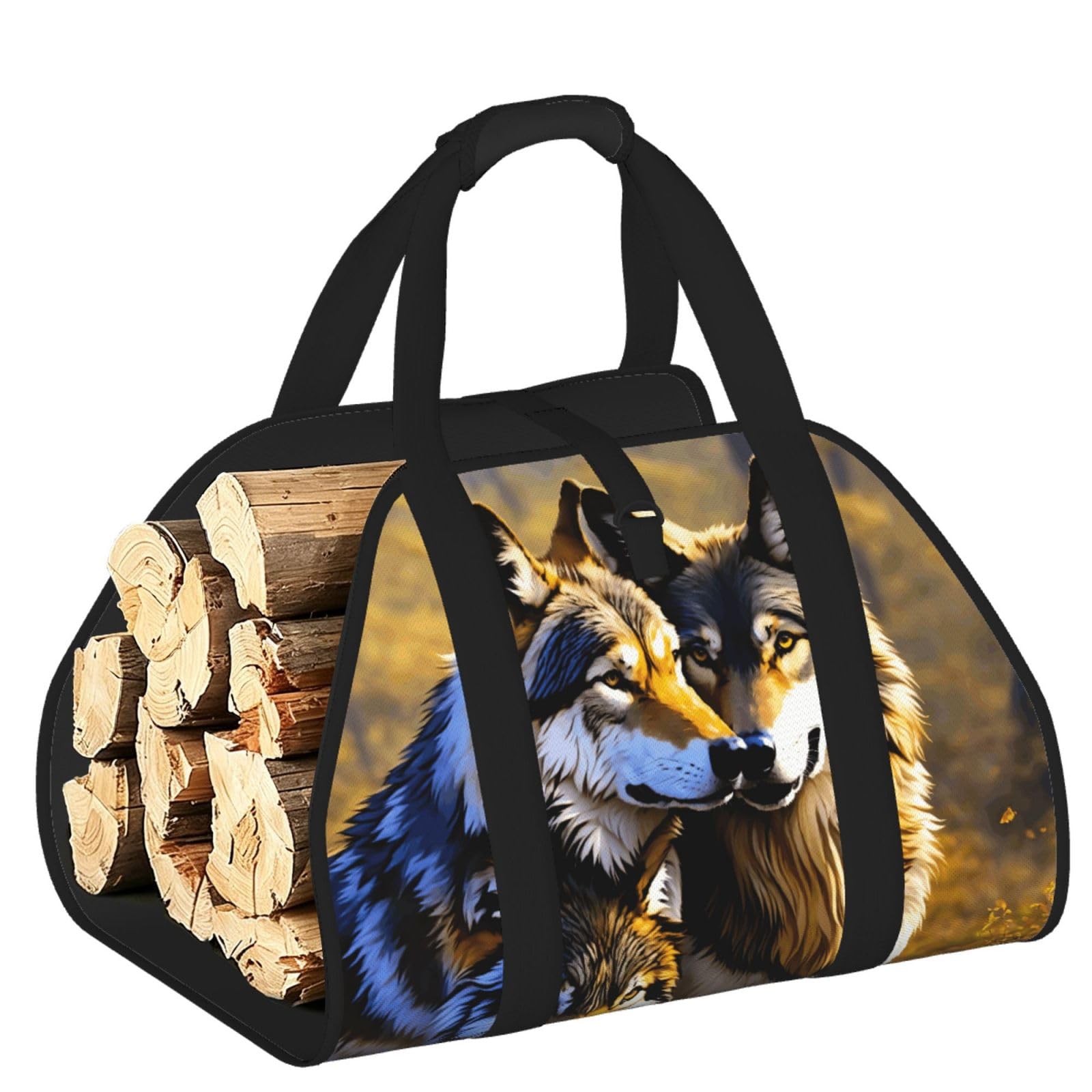 Pphgut Black Wolfs Print Firewood Bag Wood Carrier Transport Sack Camping Picnic Storage Daily Home