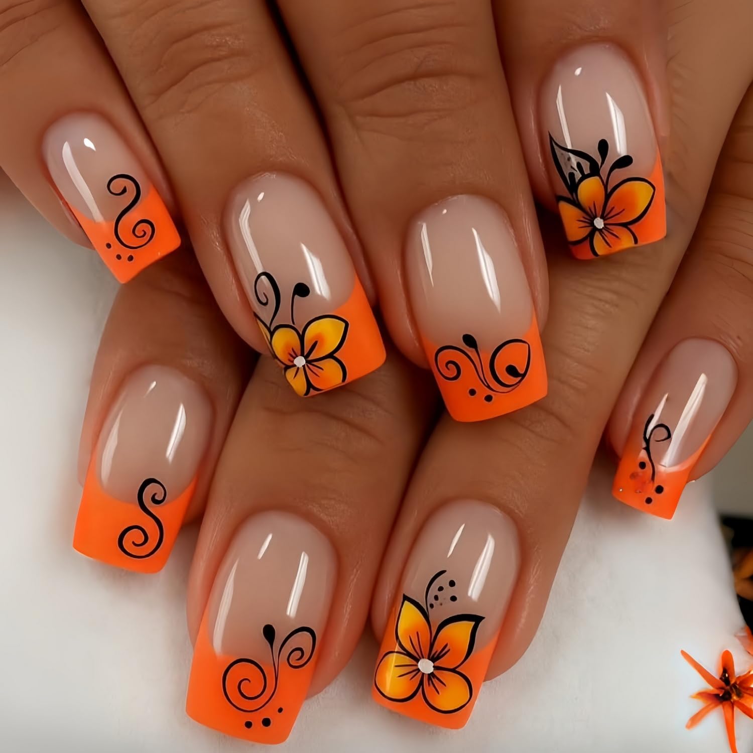 Orange French Tip Press on Nails - Glossy Reusable Medium Length