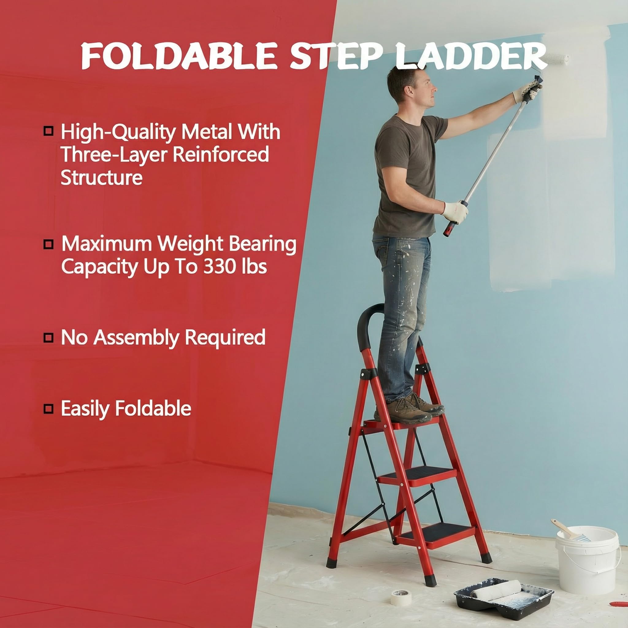 Ladder Folding, Step Stools For Adults With Wide Anti-Slip Pedals, 3 Step