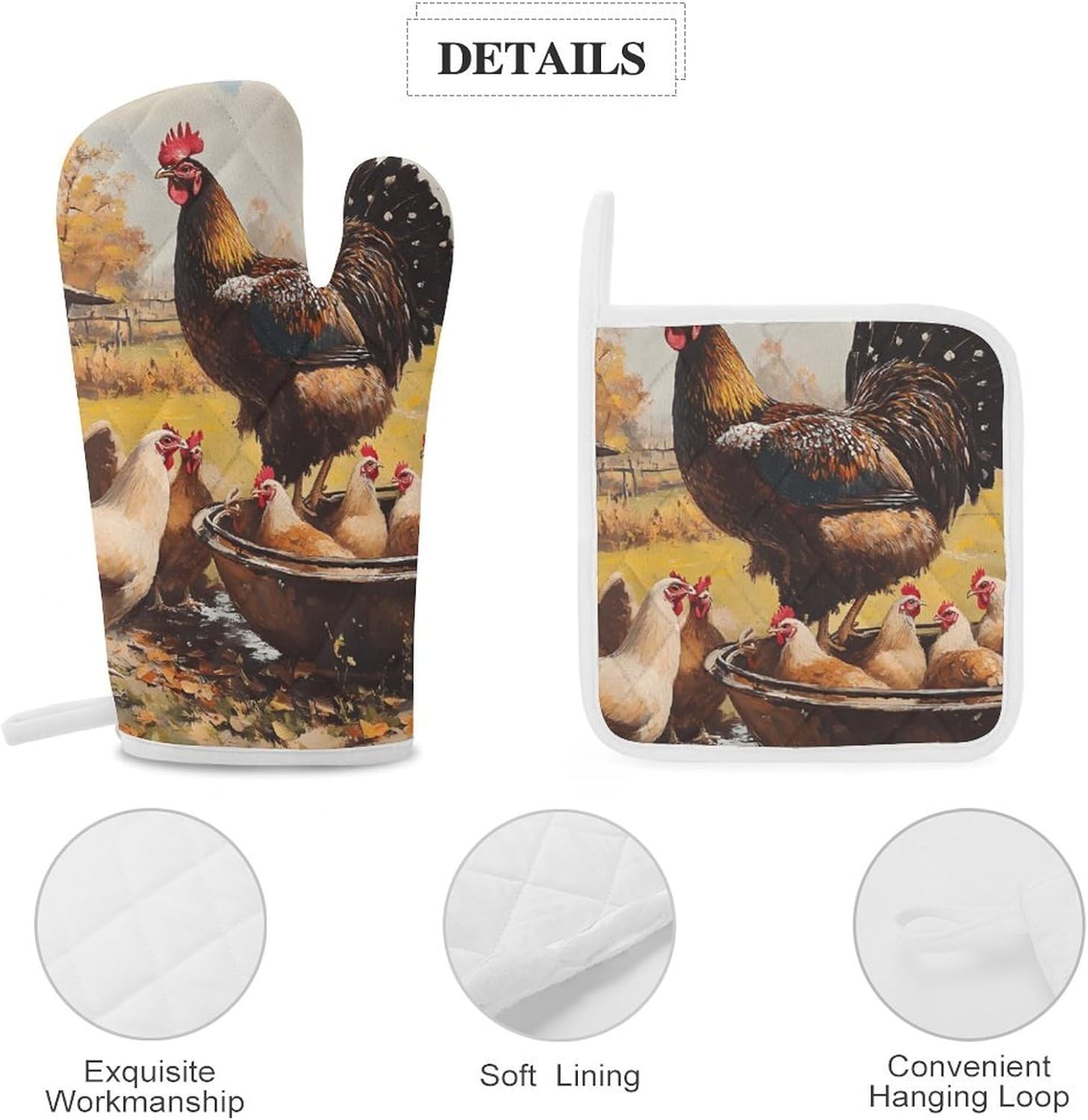 Chickens Hens Rooster Cock Oven Mitts and Pot Holders 4Pcs Set Heat Resistant Cooking Mitts Hot Pads