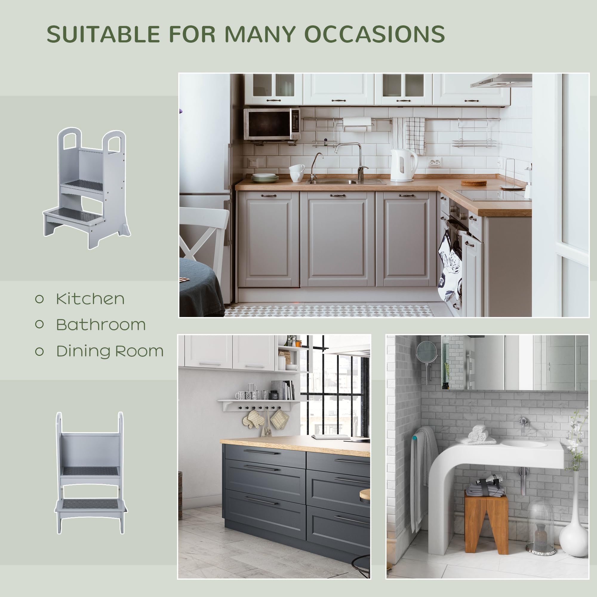 HOMCOM Taburete Madera niño ayudante Cocina, Antideslizante, Asas Gris