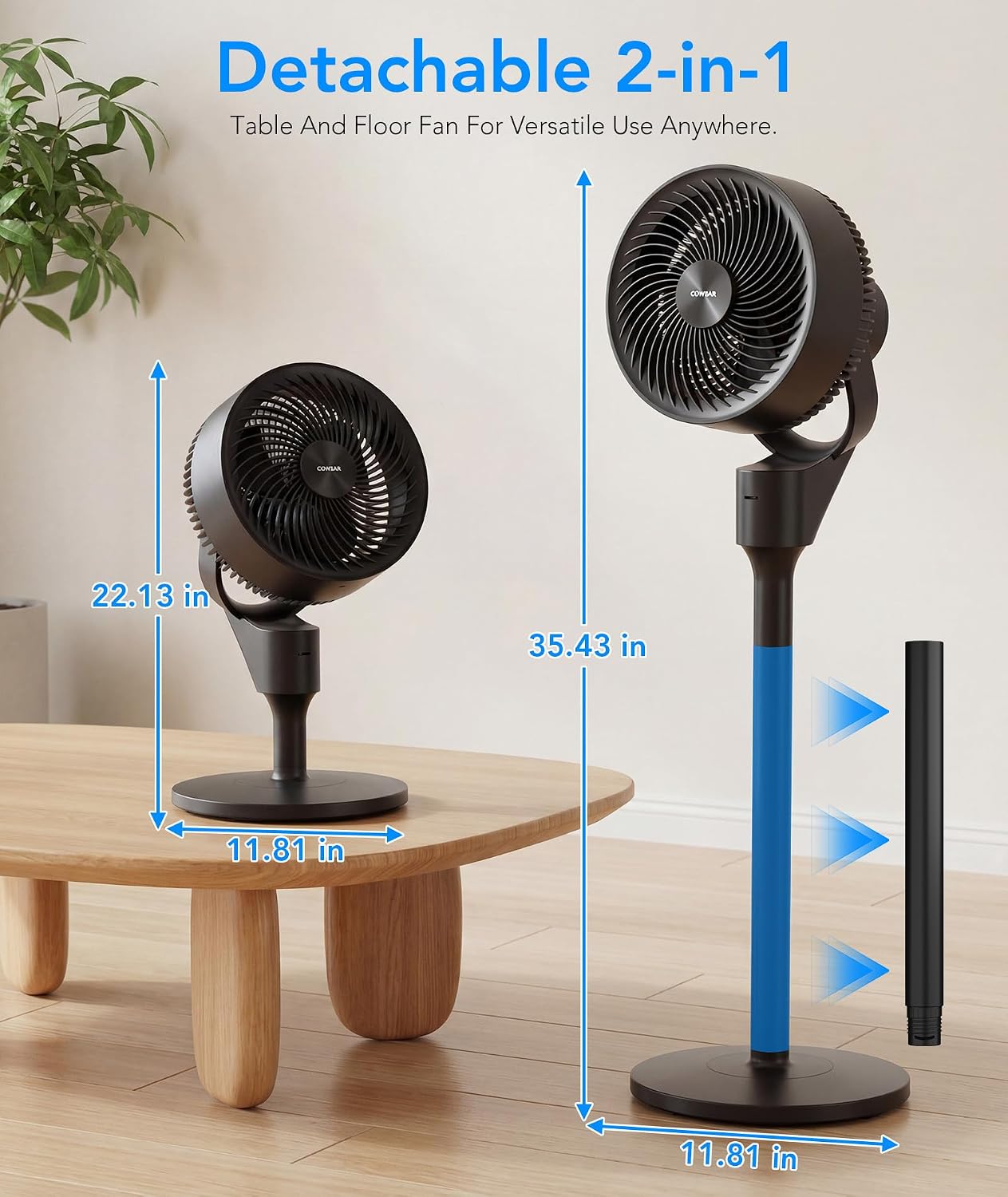 COWSAR Pedestal Fan for Bedroom, 80° Oscillation Standing Fan with Remote Control, Aroma Box, 30dB Quiet Floor Fans for Room, 3 Speeds, 6H Timer, 2 Heights for Table/Floor, 90° Manual Vertical, Black