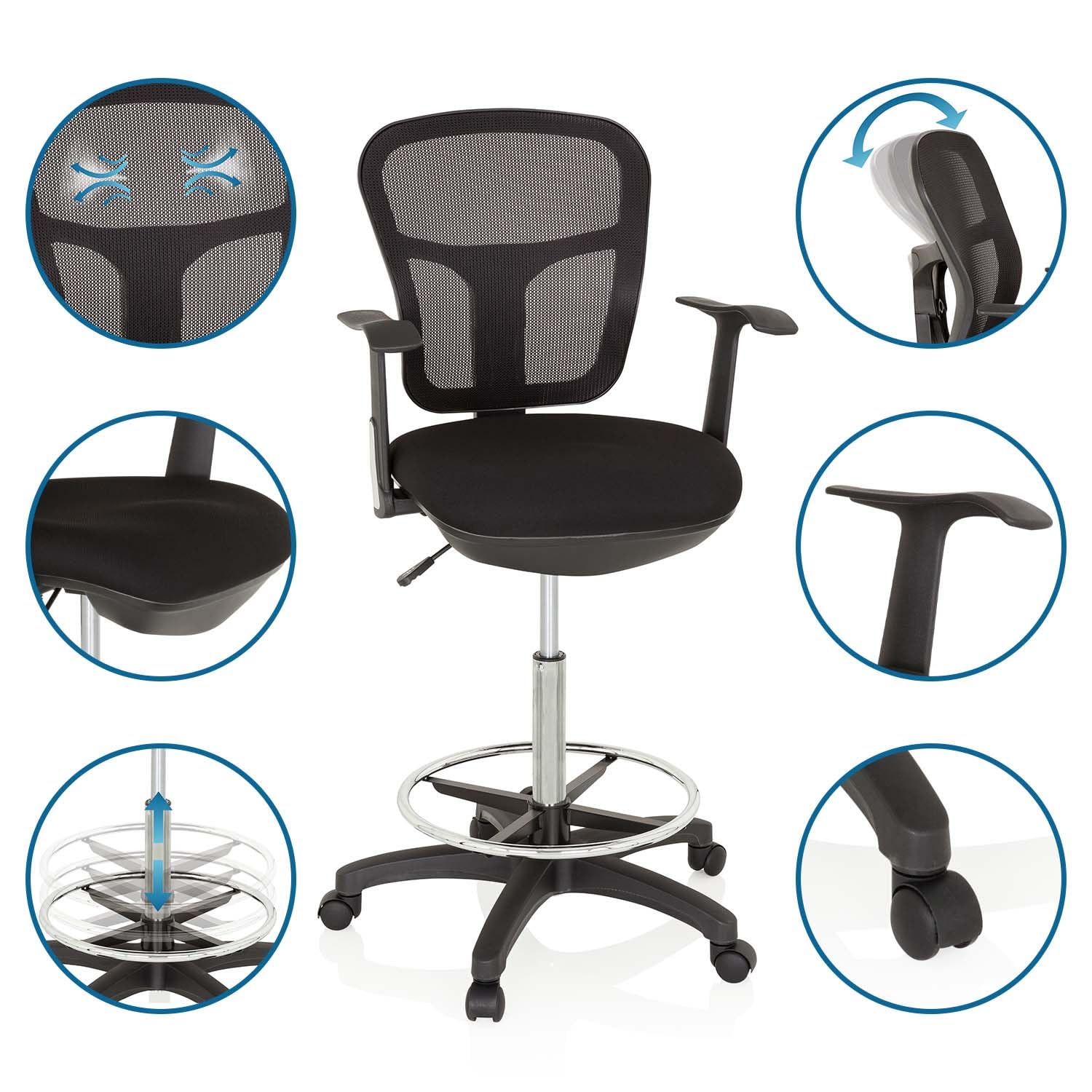 HJH Office 760008 Sedia da lavoro TOP WORK 108 in rete nera Sedia da banco ergonomica con poggiapiedi ad anello