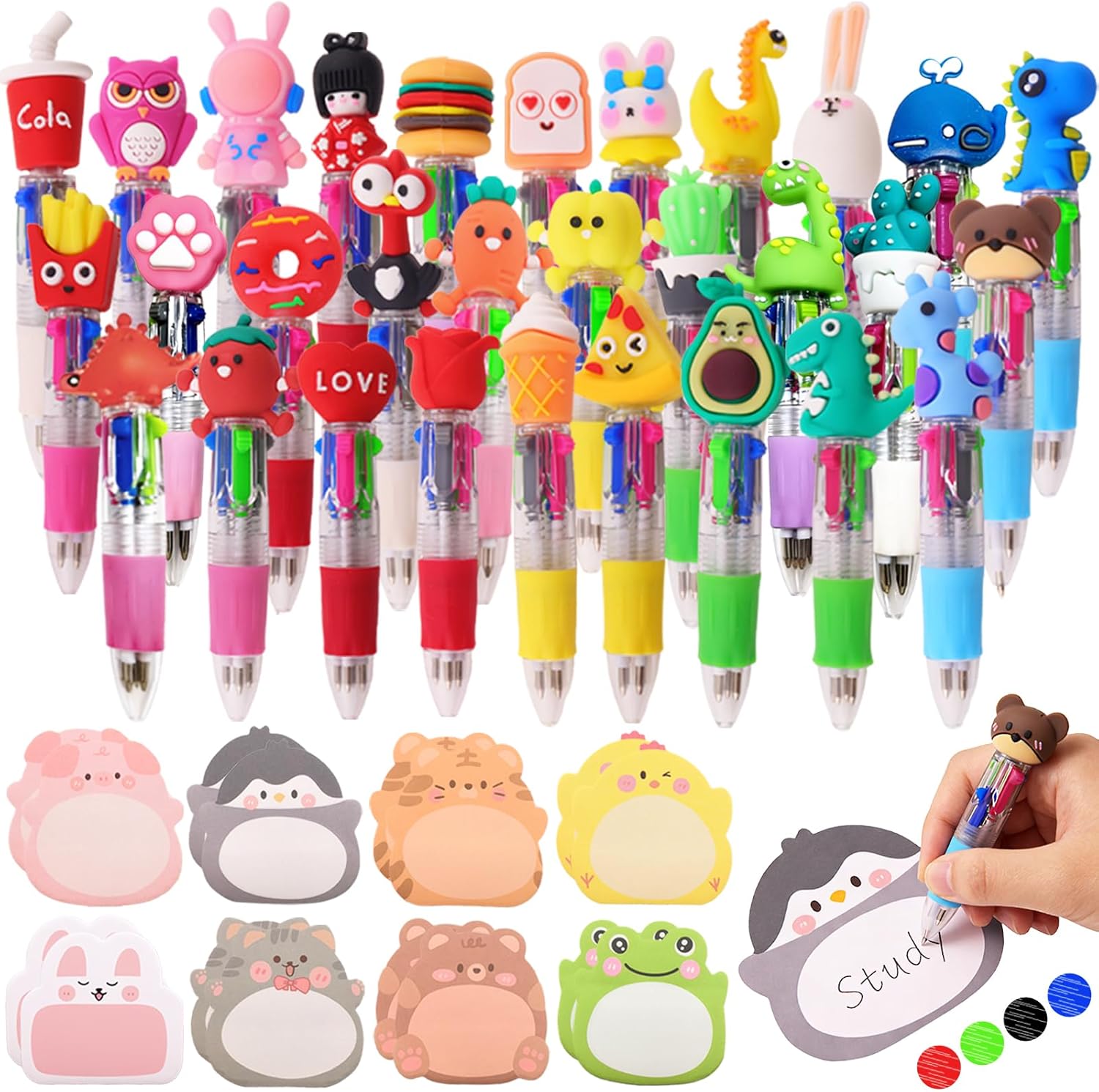 76 Pcs Multicolor Fun Pen and Sticky Note Set - 60 Bulk 4-in-1 Pens & 16 Pads Cute Animal Sticky Notes, Cute Pens for Party Favors and Birthday, Goodie Bag Stuffers, Kawaii Gifts for Student Prizes