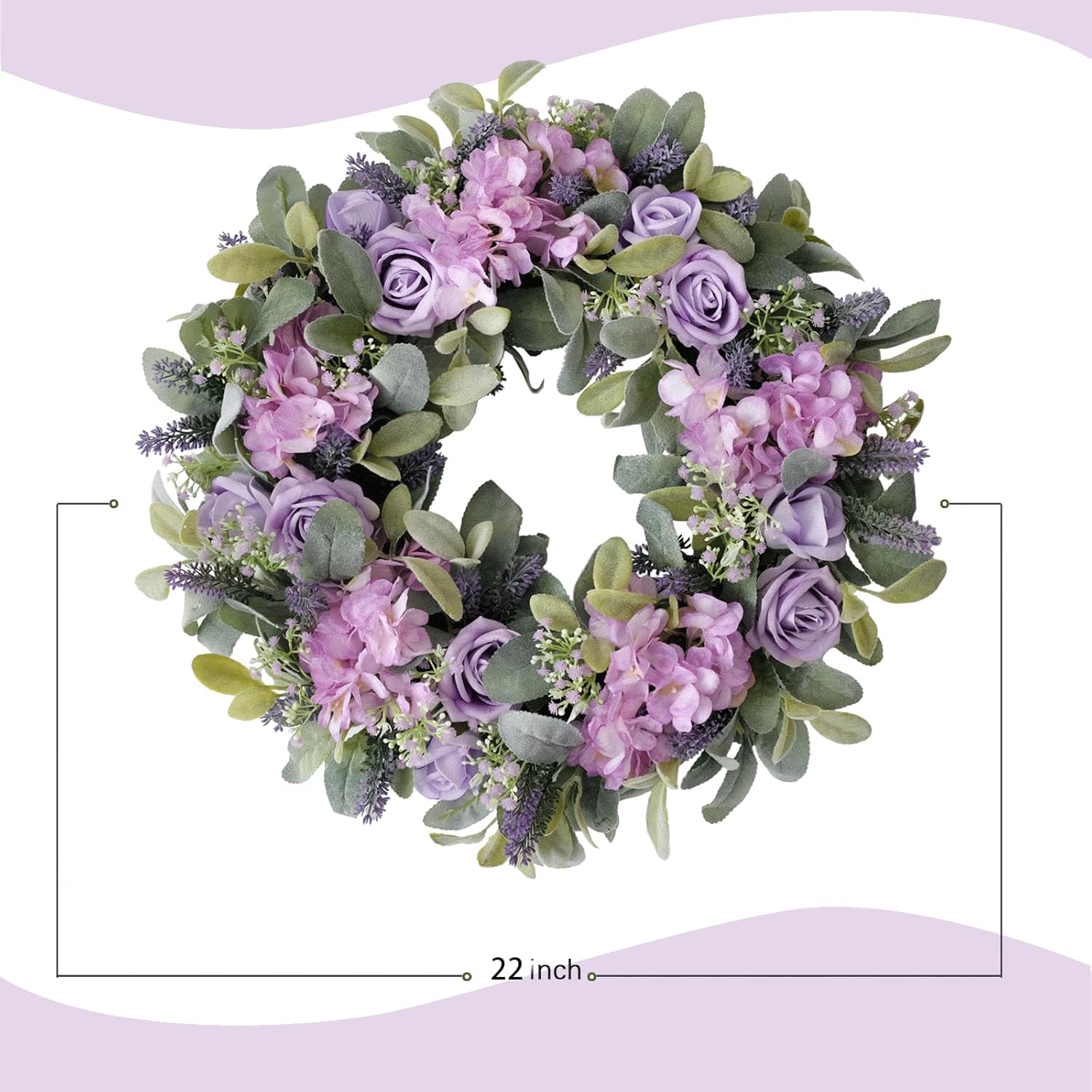 Artificial Spring Wreath for Front Door 22 Inch, Greenery Lamb's Leaves Summer Wreaths with Purple Hydrangeas Roses Lavender for Home Farmhouse Outdoor Indoor Party Wall Windows Decor