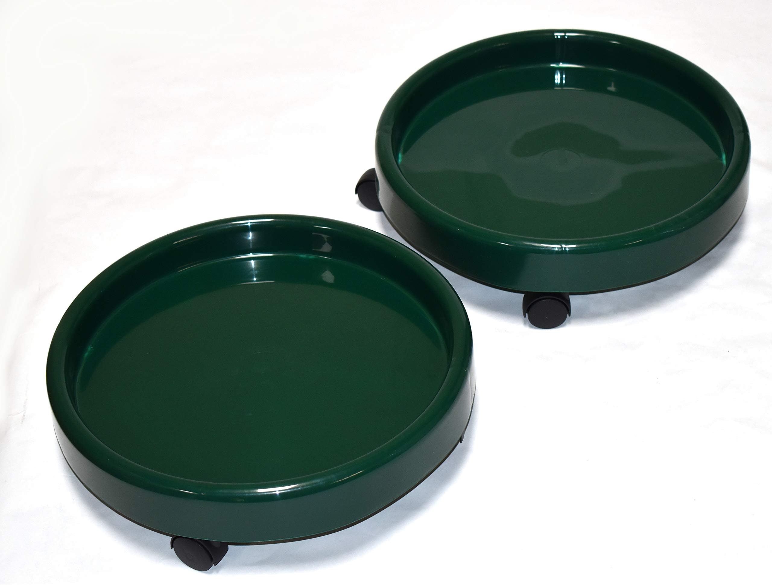 Two Pack Green Color Plastic Planter Caddies or Dolly for Use Indoors or Outdoors. Four Wheels, Capacity 15 lbs. Each. Measures 13 ¾ inches Diameter and 3 ½ inches high with Extra-high Lip